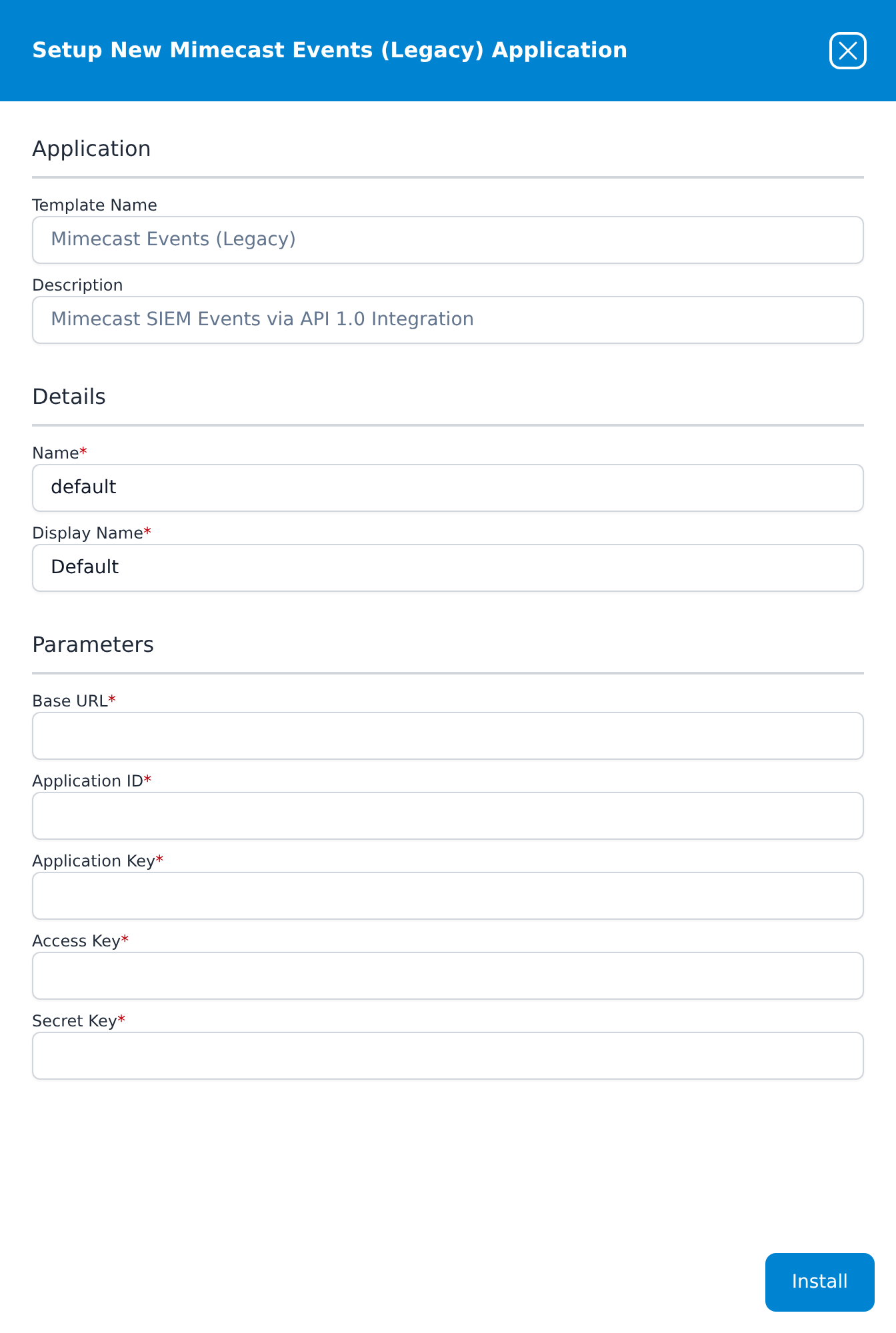 Setup New Mimecast Events (Legacy) Application panel