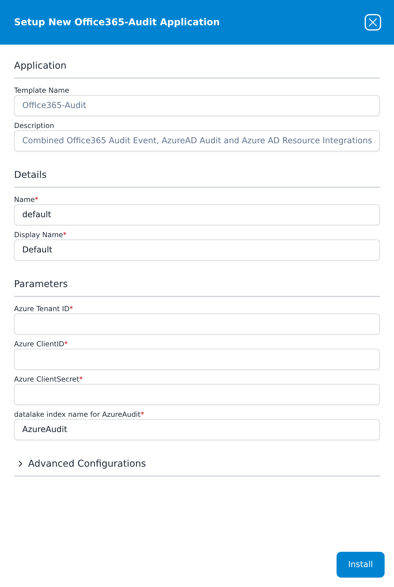 Setup New Office365-Audit Application panel