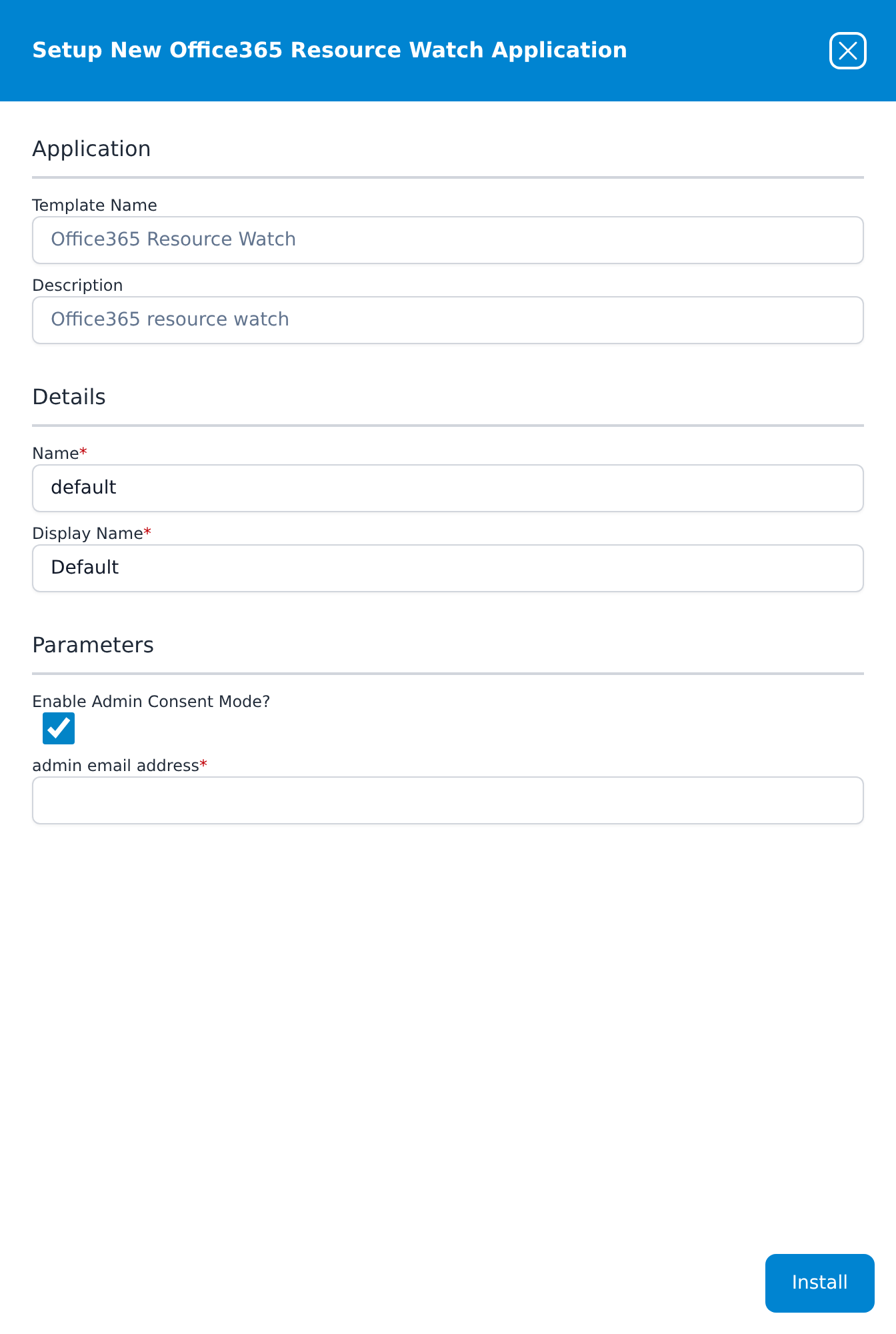 Setup New Office365 Resource Watch Application panel