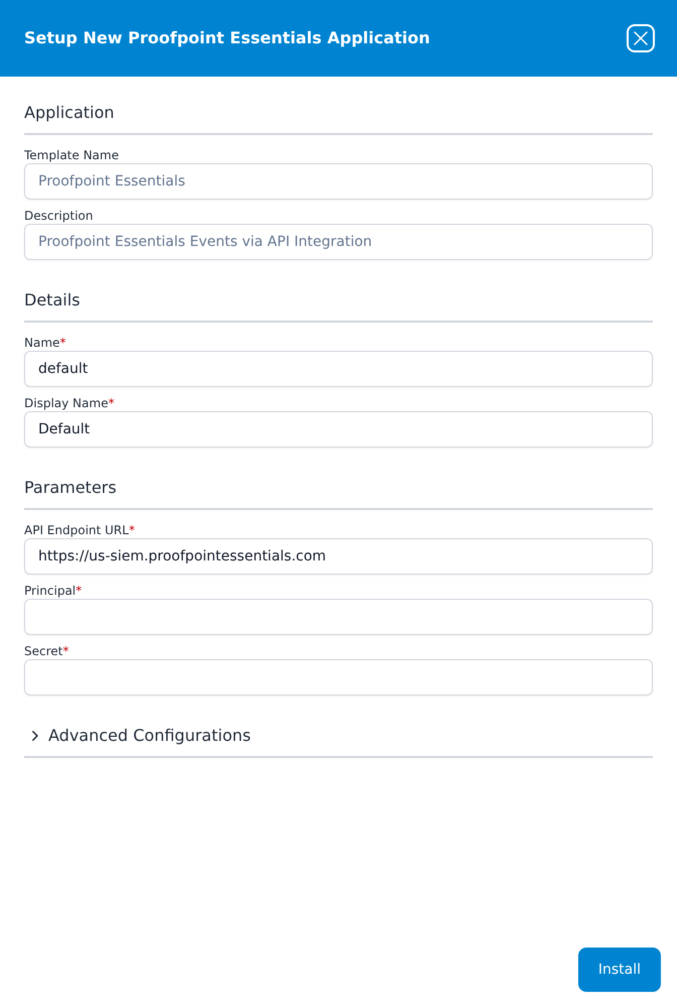 Setup New Proofpoint Essentials Application panel