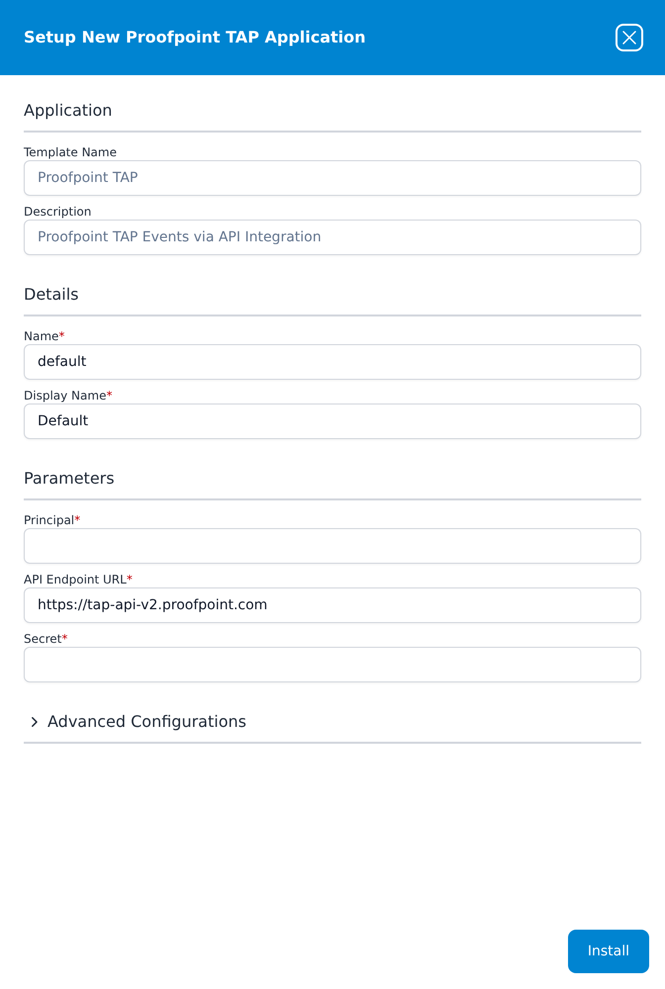 Setup New Proofpoint TAP Application panel