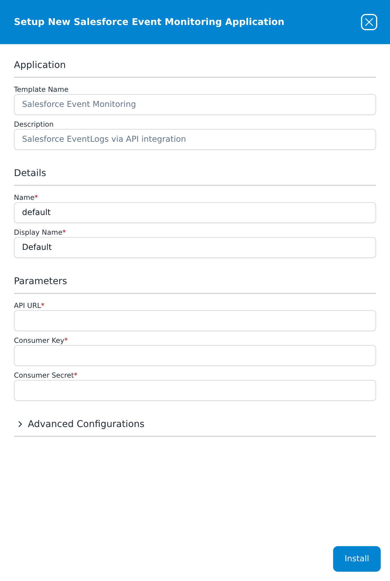 Setup New Salesforce Event Monitoring Application panel