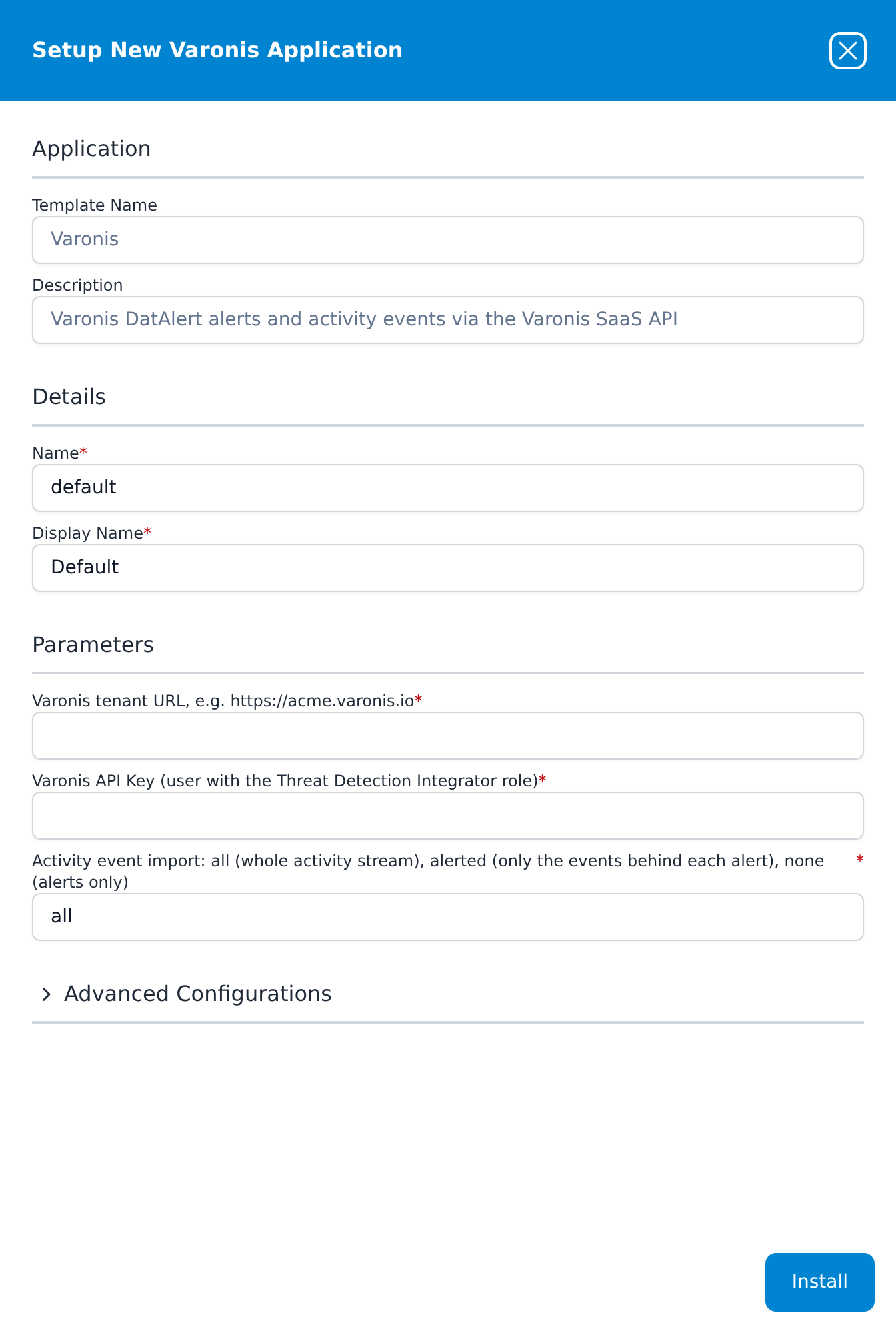 Setup New Varonis Application panel