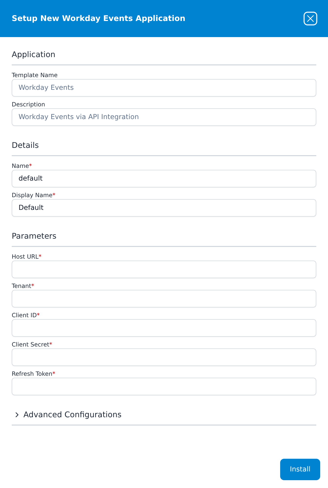 Setup New Workday Events Application panel