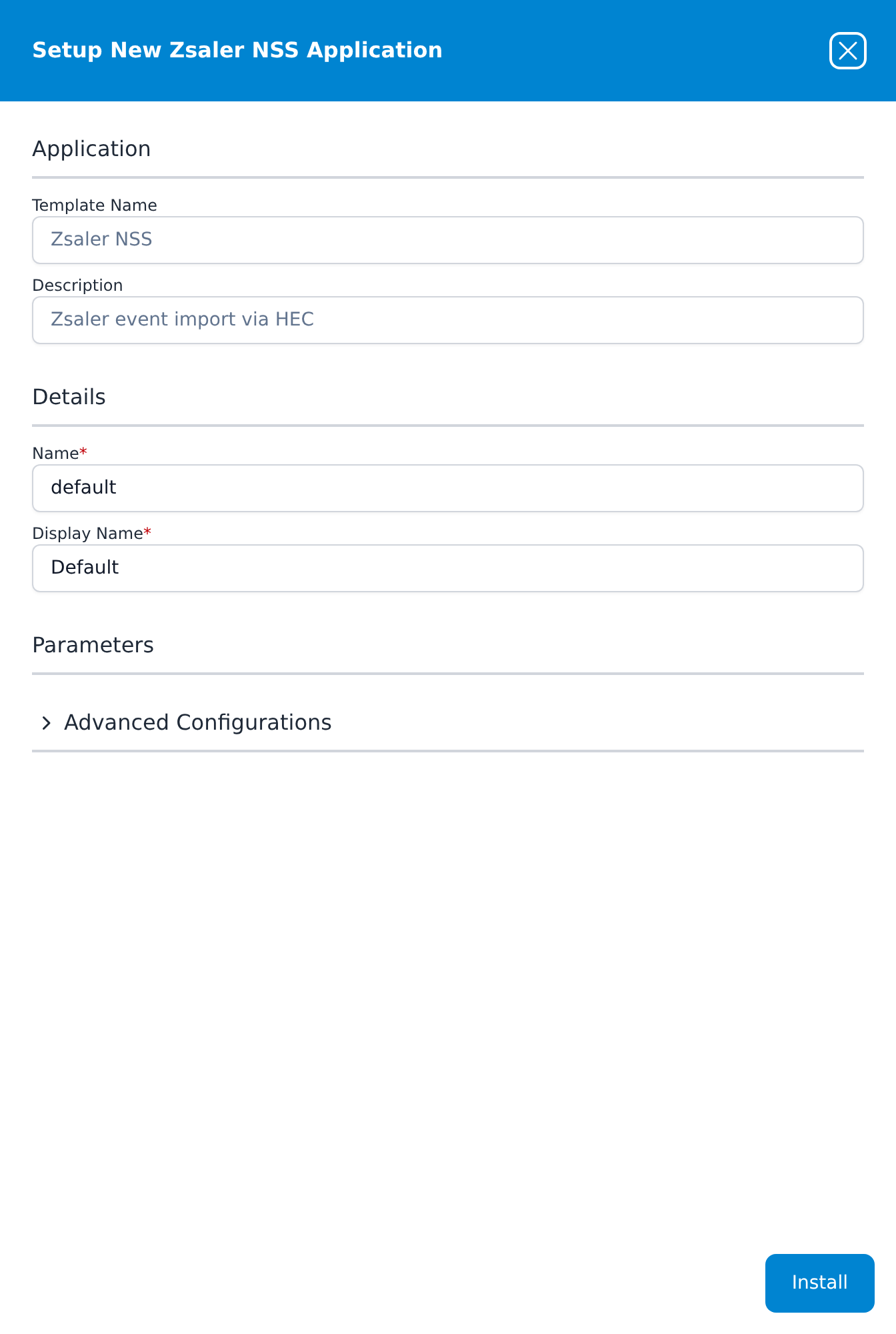 Setup New Zsaler NSS Application panel