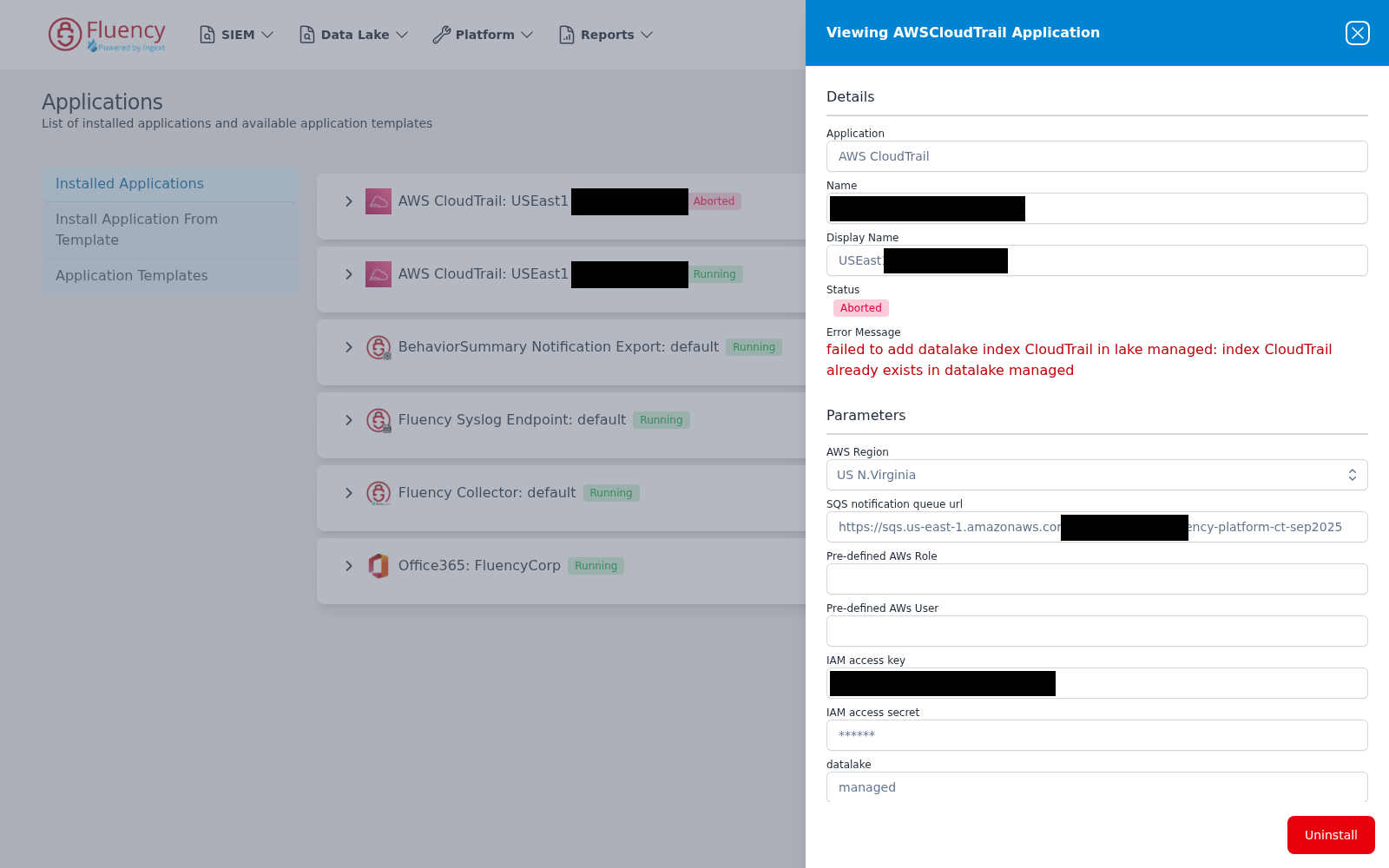 Viewing AWSCloudTrail Application panel for an aborted instance, showing details, a red error message, and parameters
