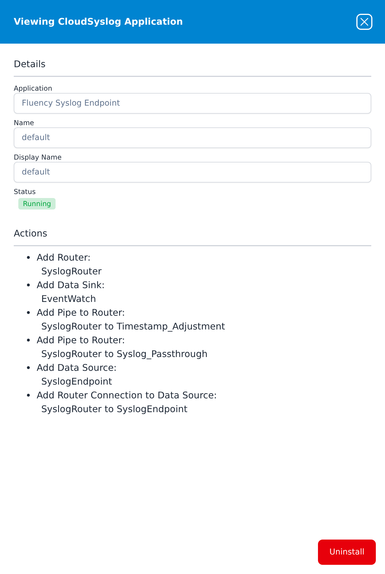 Viewing CloudSyslog Application panel showing details and the router, sink, pipes and data source the application installed