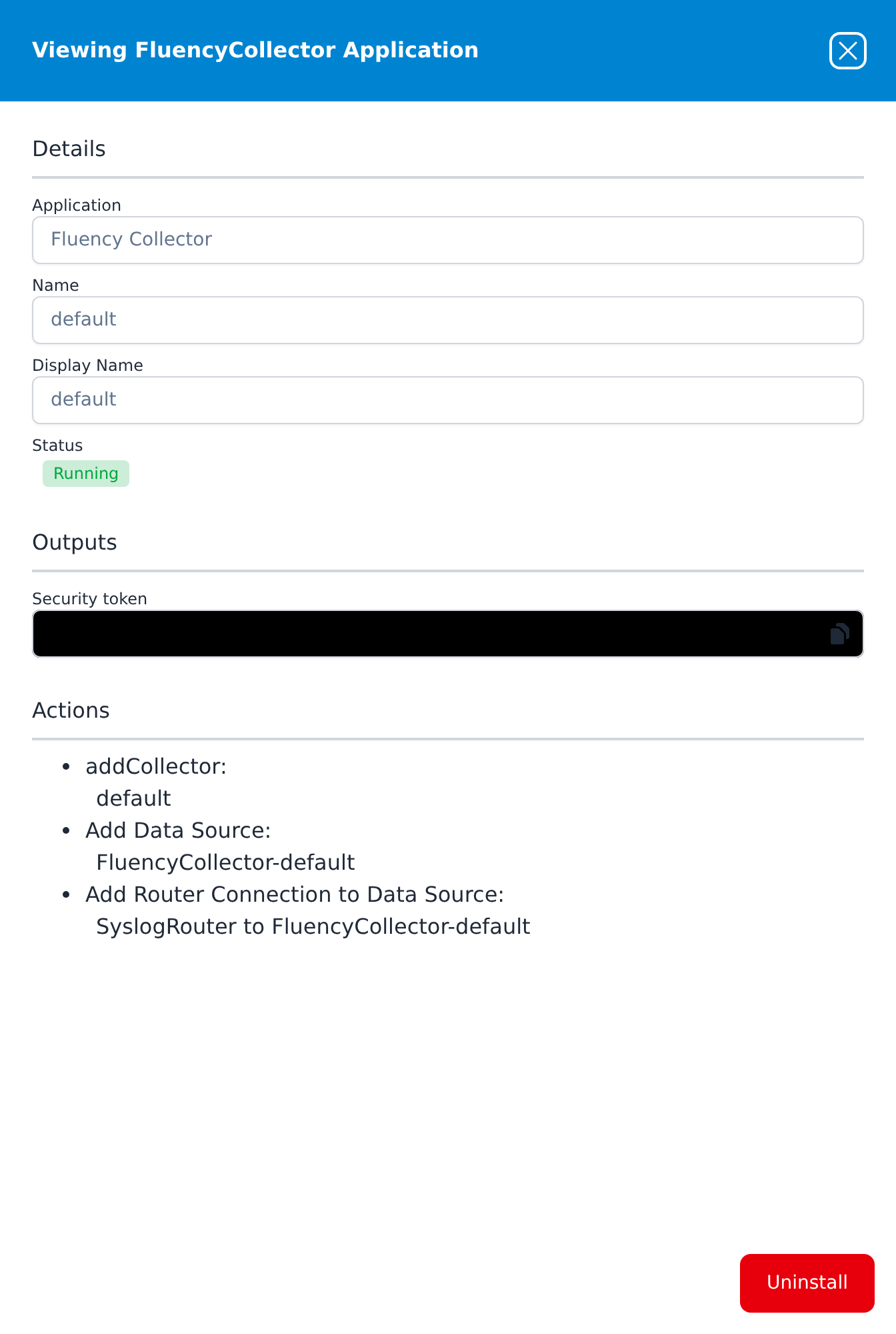 Viewing FluencyCollector Application panel showing details, a security token output with a copy button, and the installation's pipeline actions