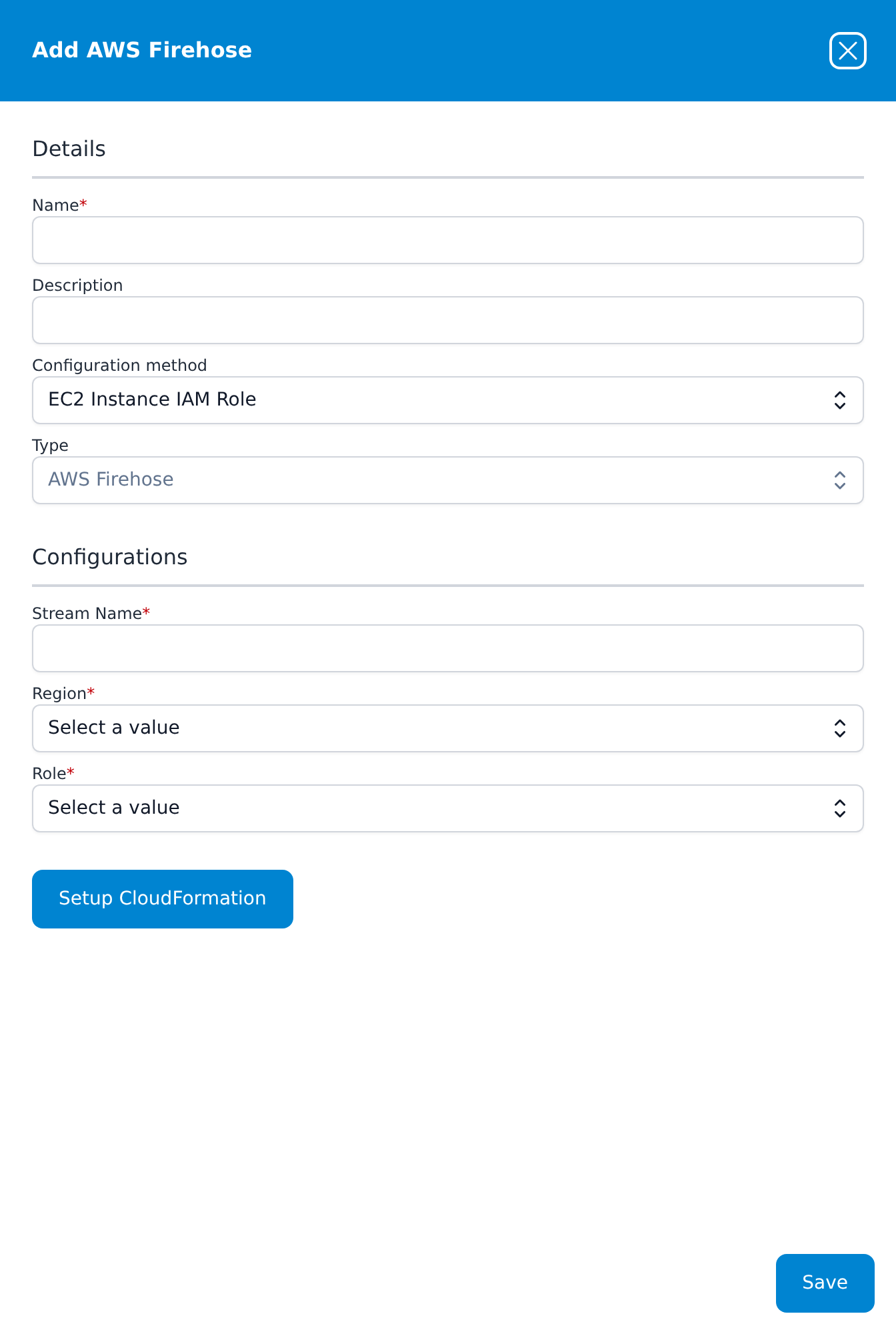 Add AWS Firehose dialog