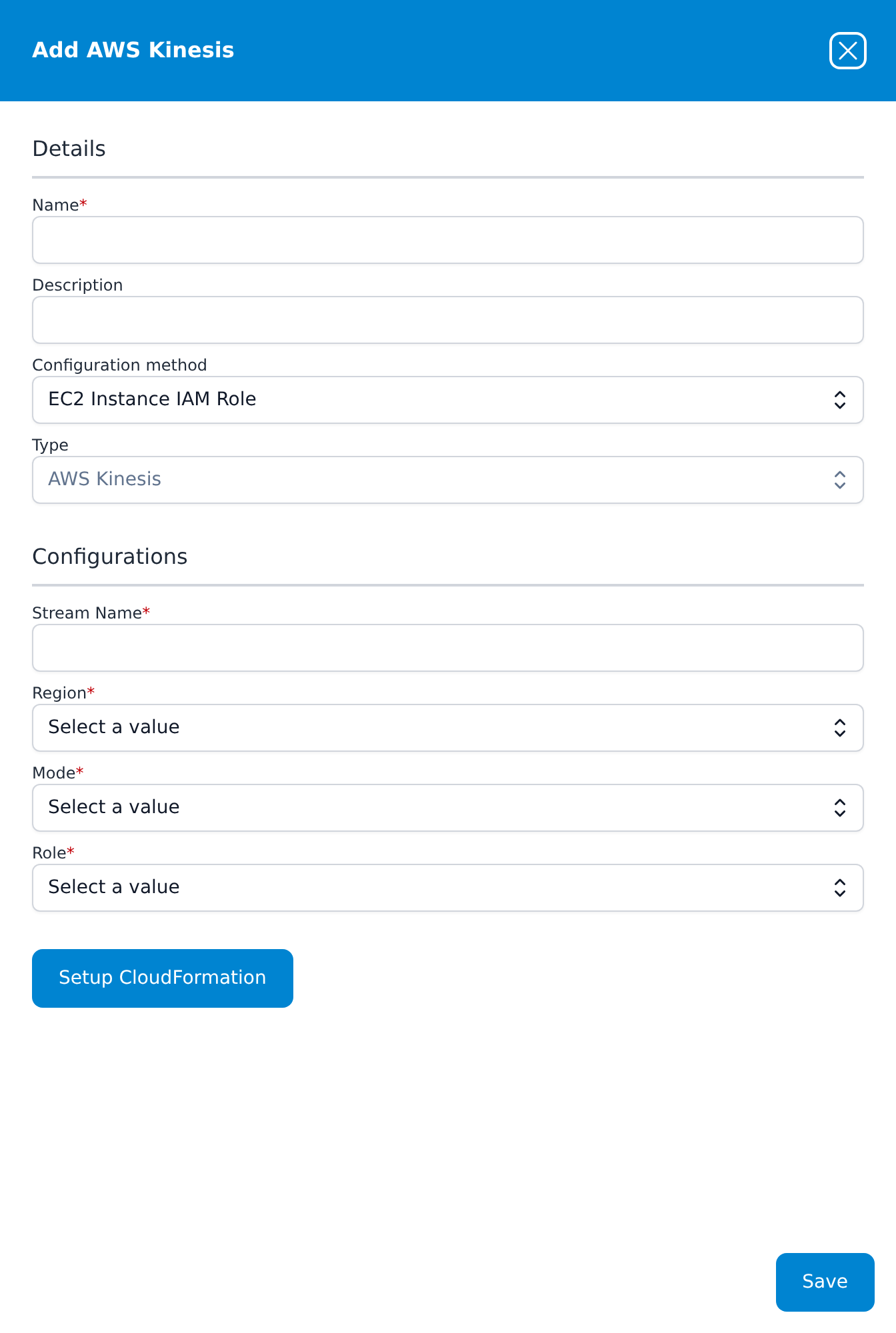 Add AWS Kinesis dialog