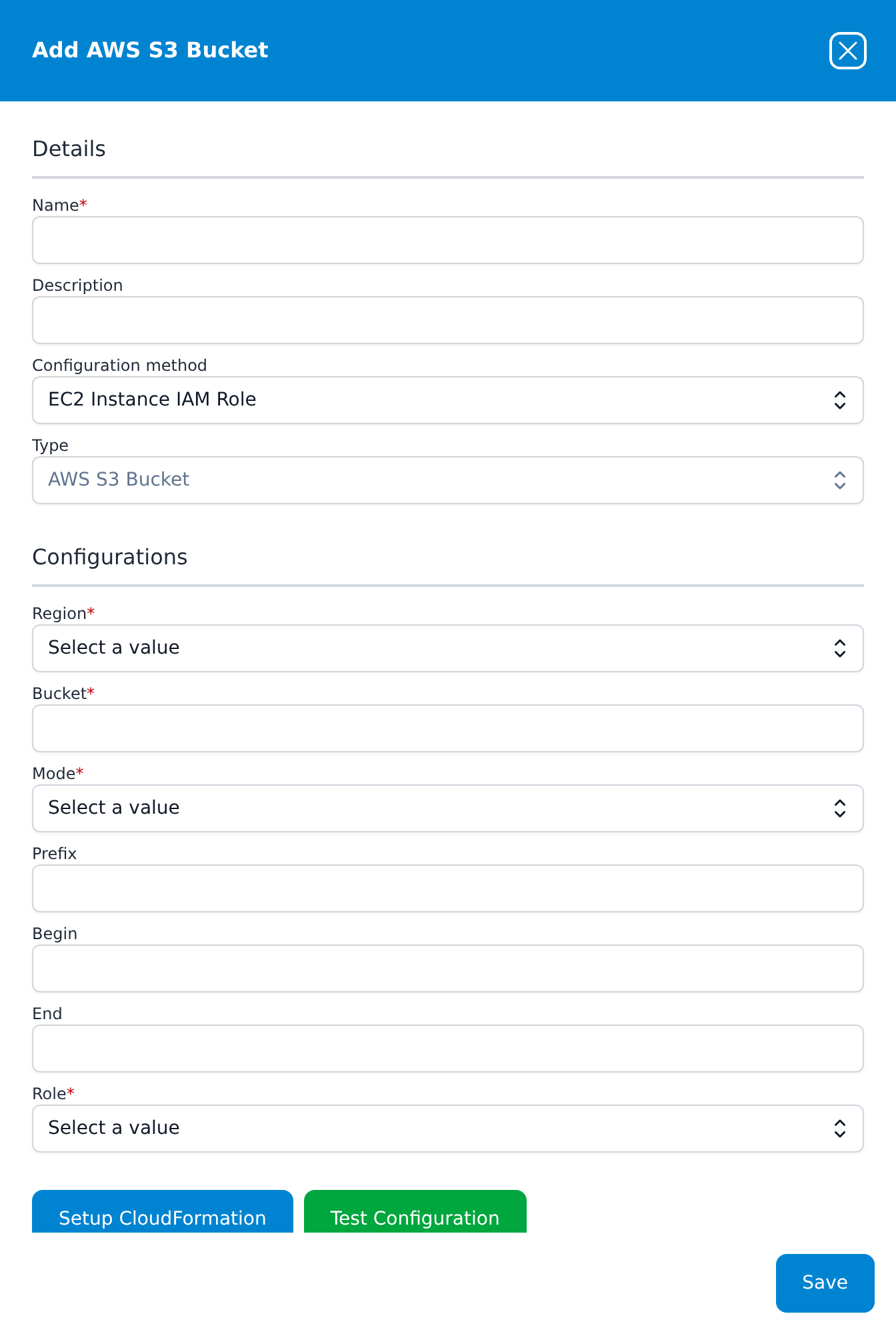 Add AWS S3 Bucket dialog showing the Details and Configurations sections, the Setup CloudFormation and Test Configuration buttons, and the Save button