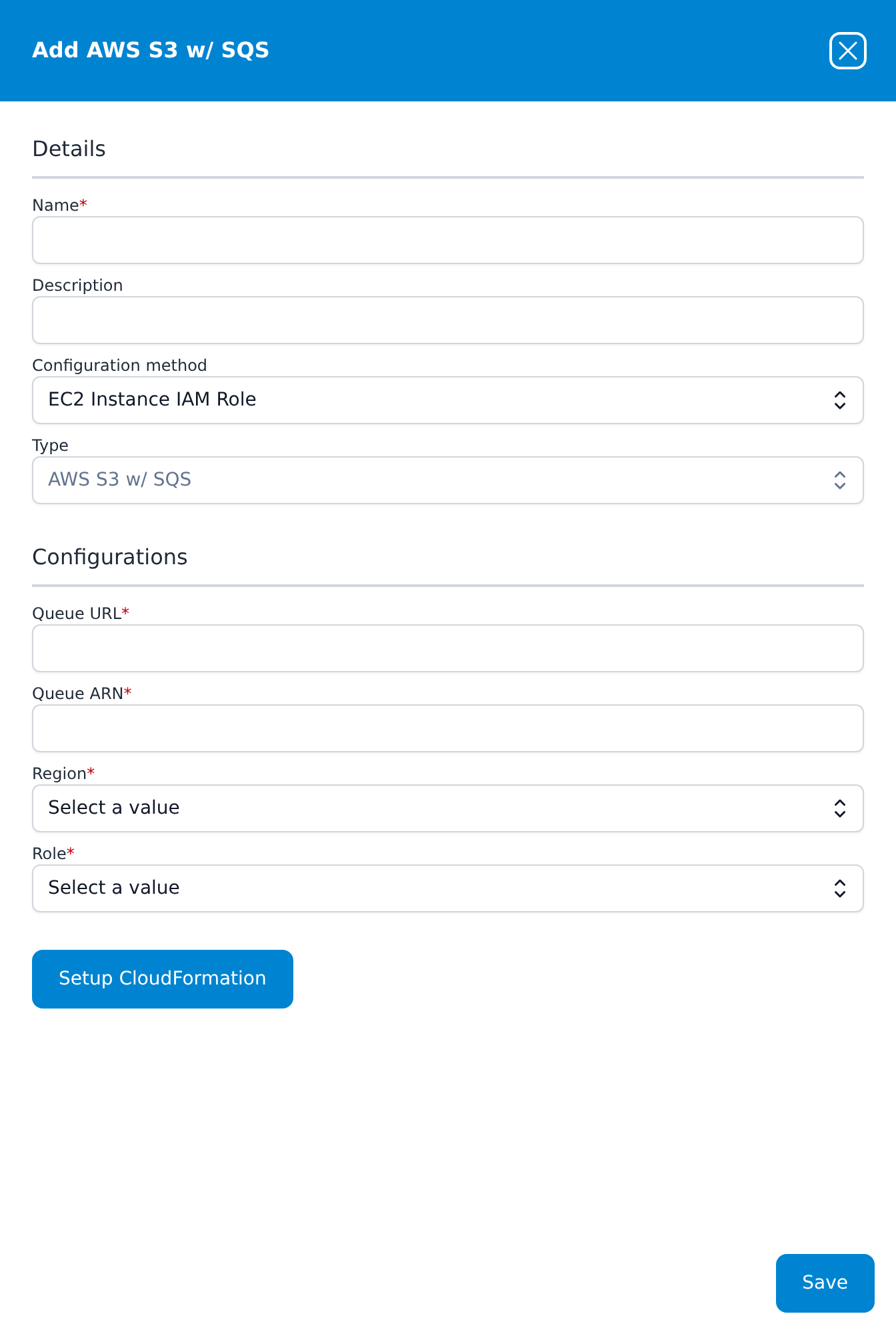 Add AWS S3 w/ SQS dialog