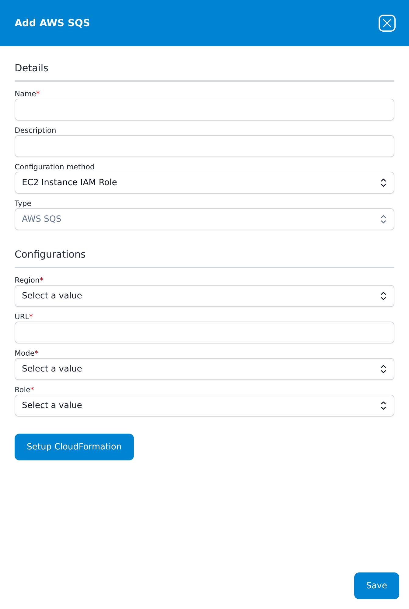 Add AWS SQS dialog