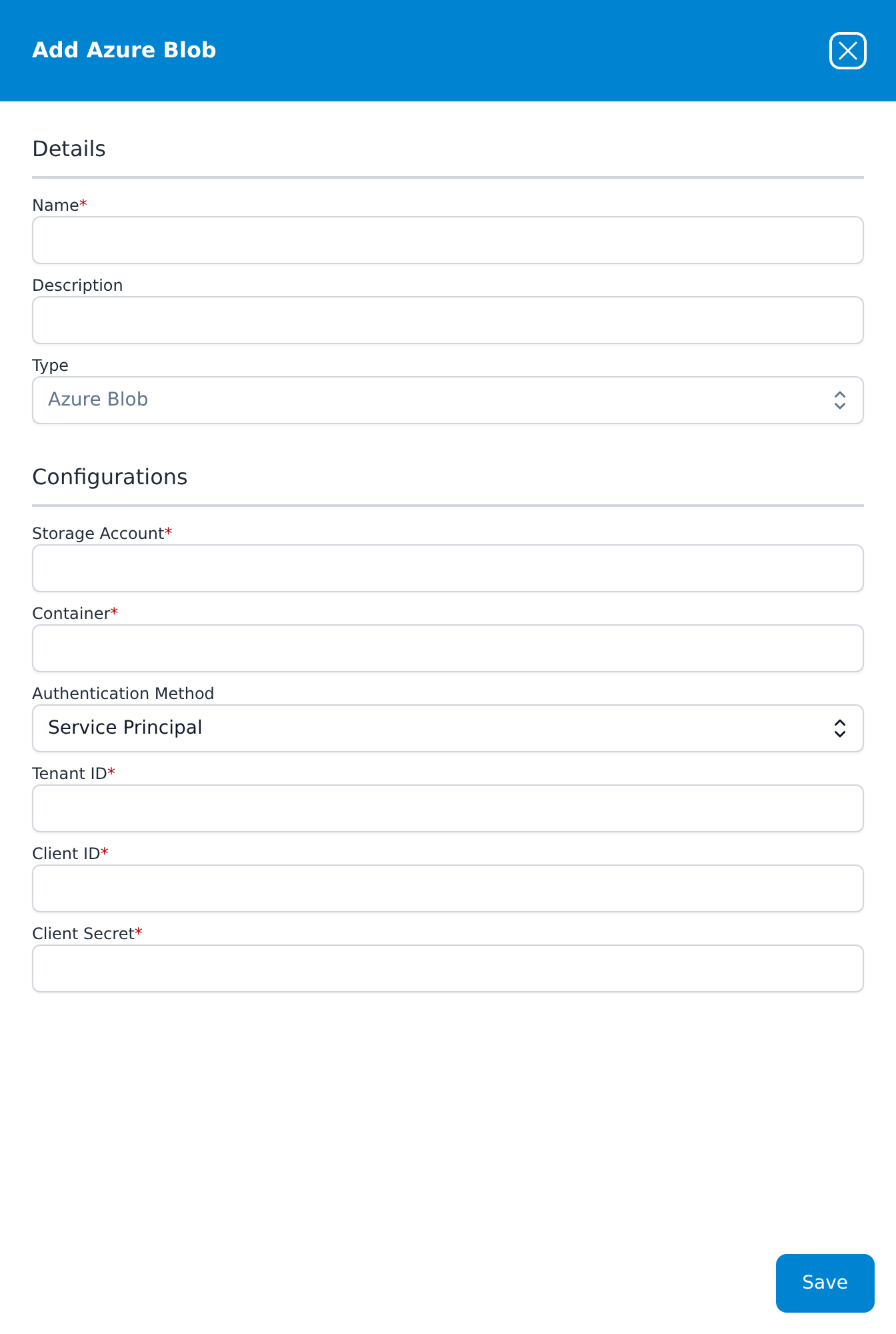Add Azure Blob dialog