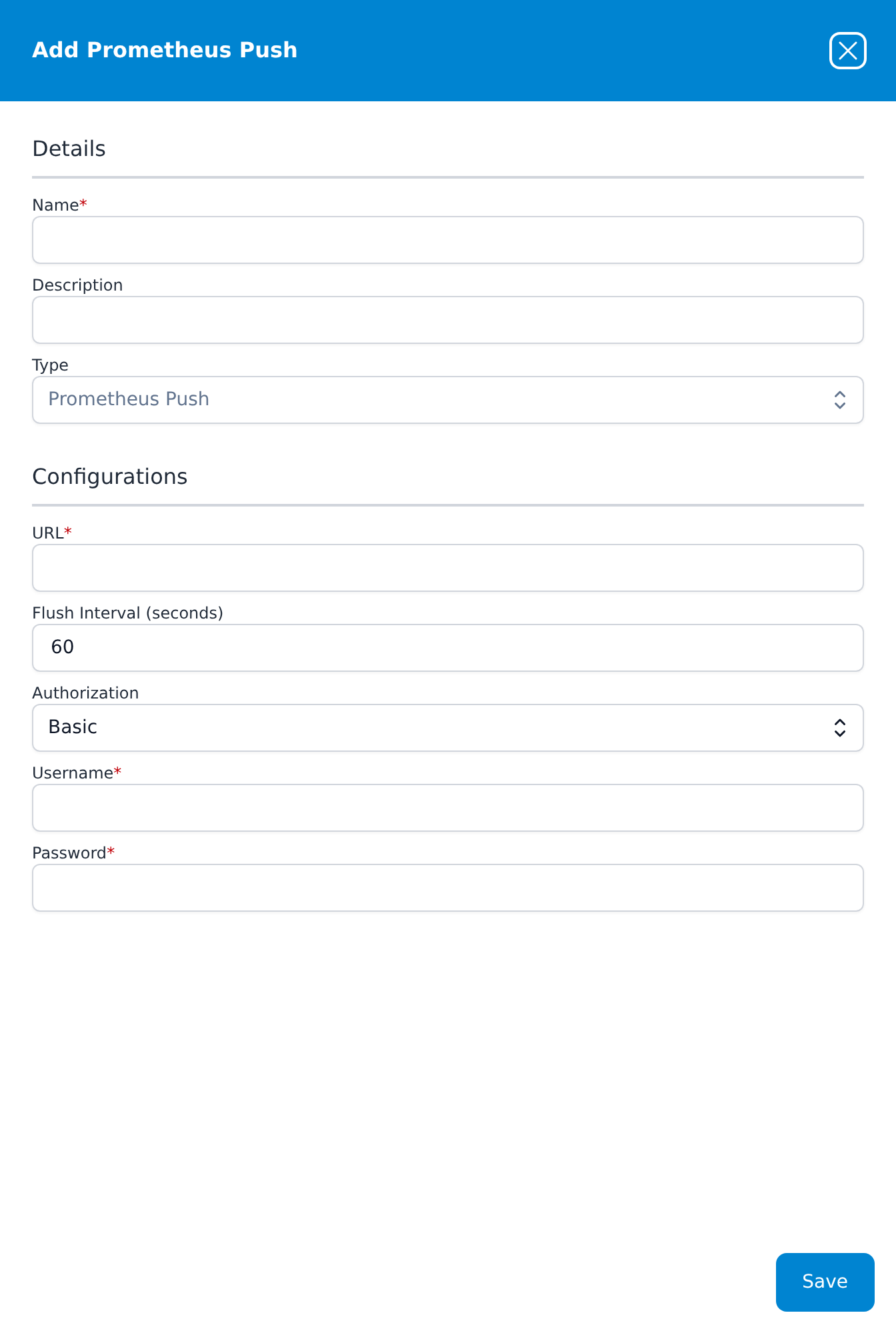 Add Prometheus Push dialog