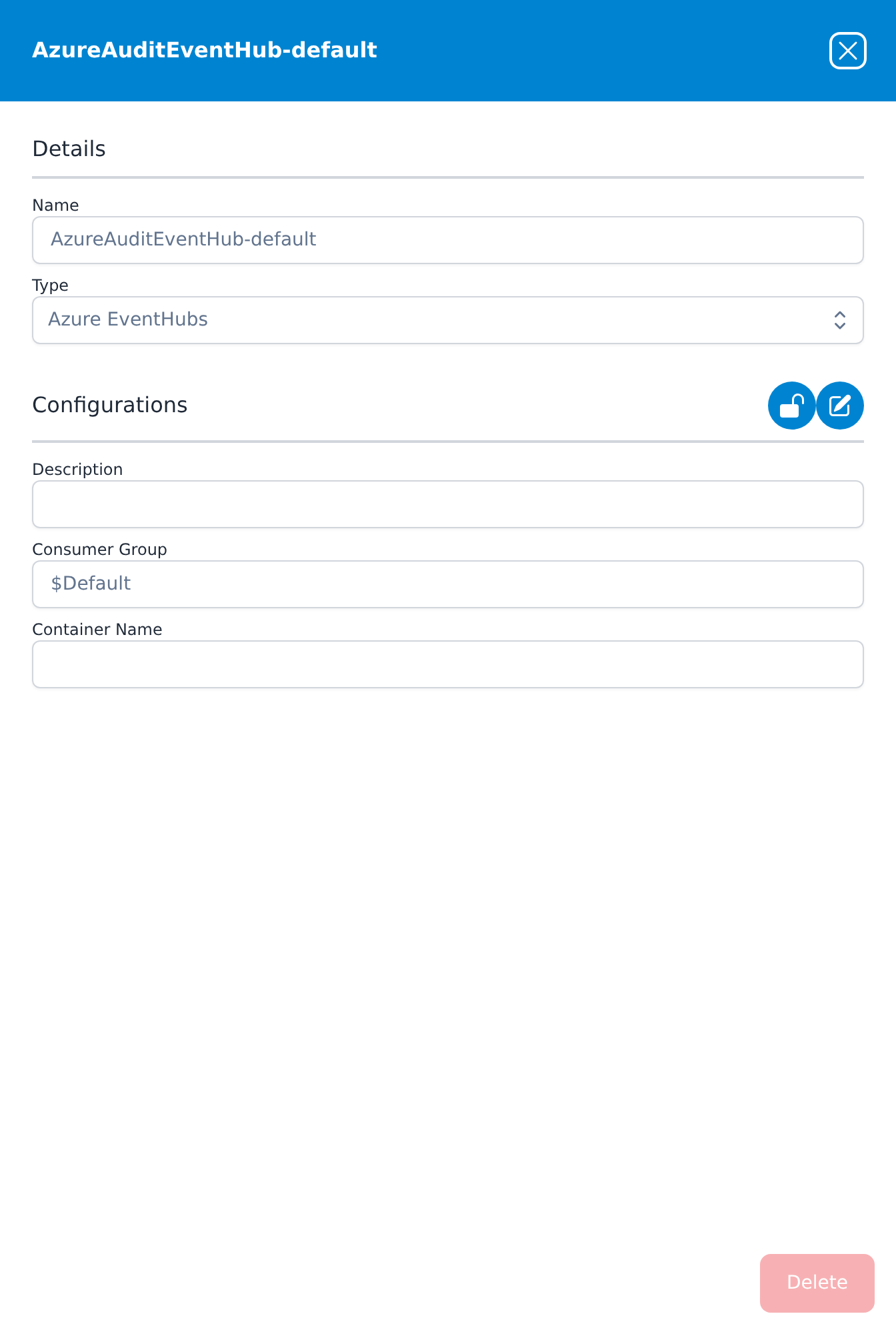 AzureAuditEventHub-default integration dialog showing the read-only Name and Type fields, the Description, Consumer Group and Container Name configurations with no Endpoint row, the padlock and pencil buttons, and a greyed-out Delete button