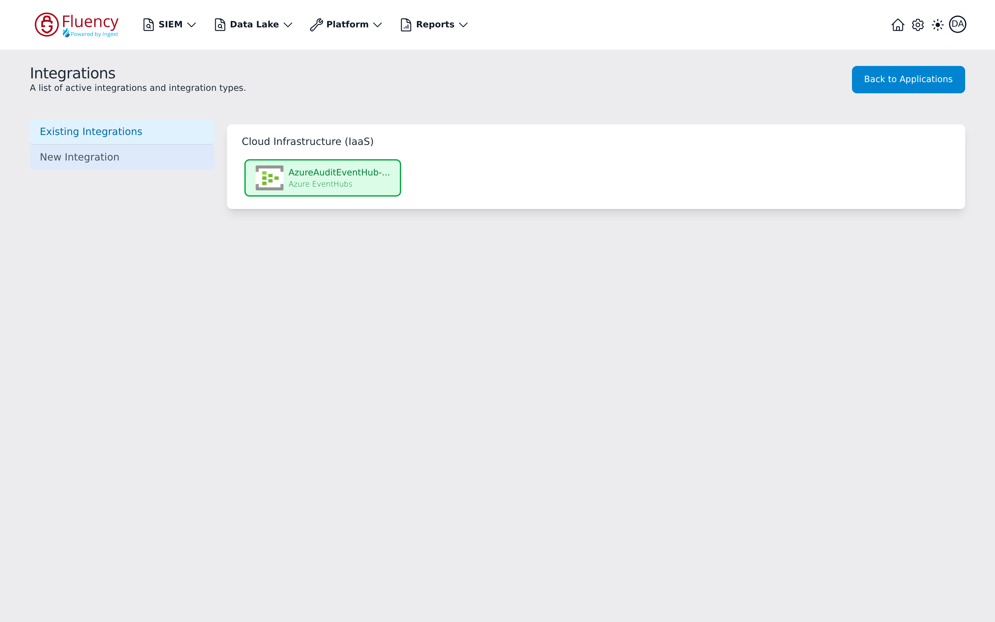 Integrations page showing the Existing Integrations view with one AzureAuditEventHub-default tile, of type Azure EventHubs, in the Cloud Infrastructure (IaaS) category panel