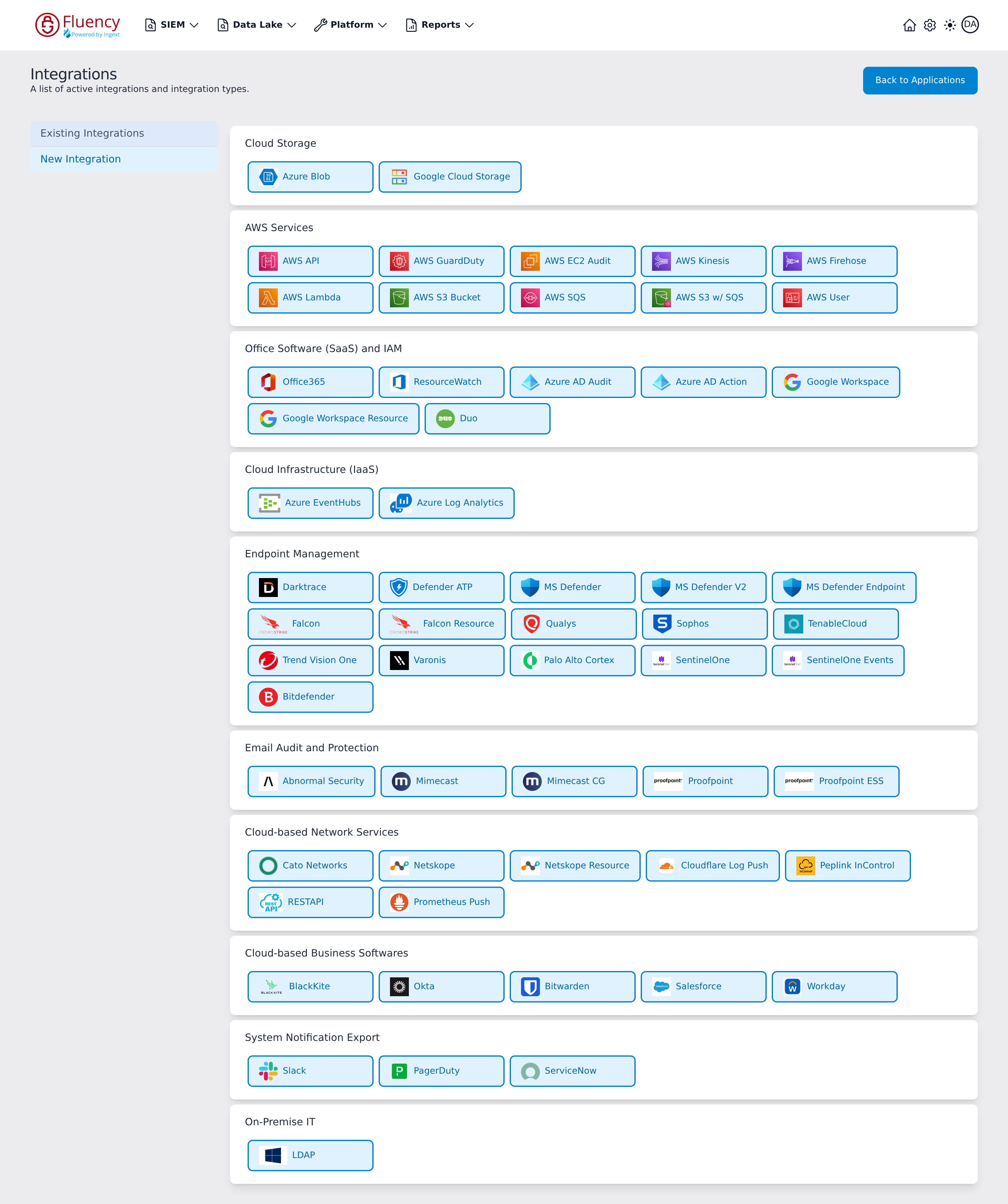 New Integration view showing the integration type catalog grouped into ten category cards