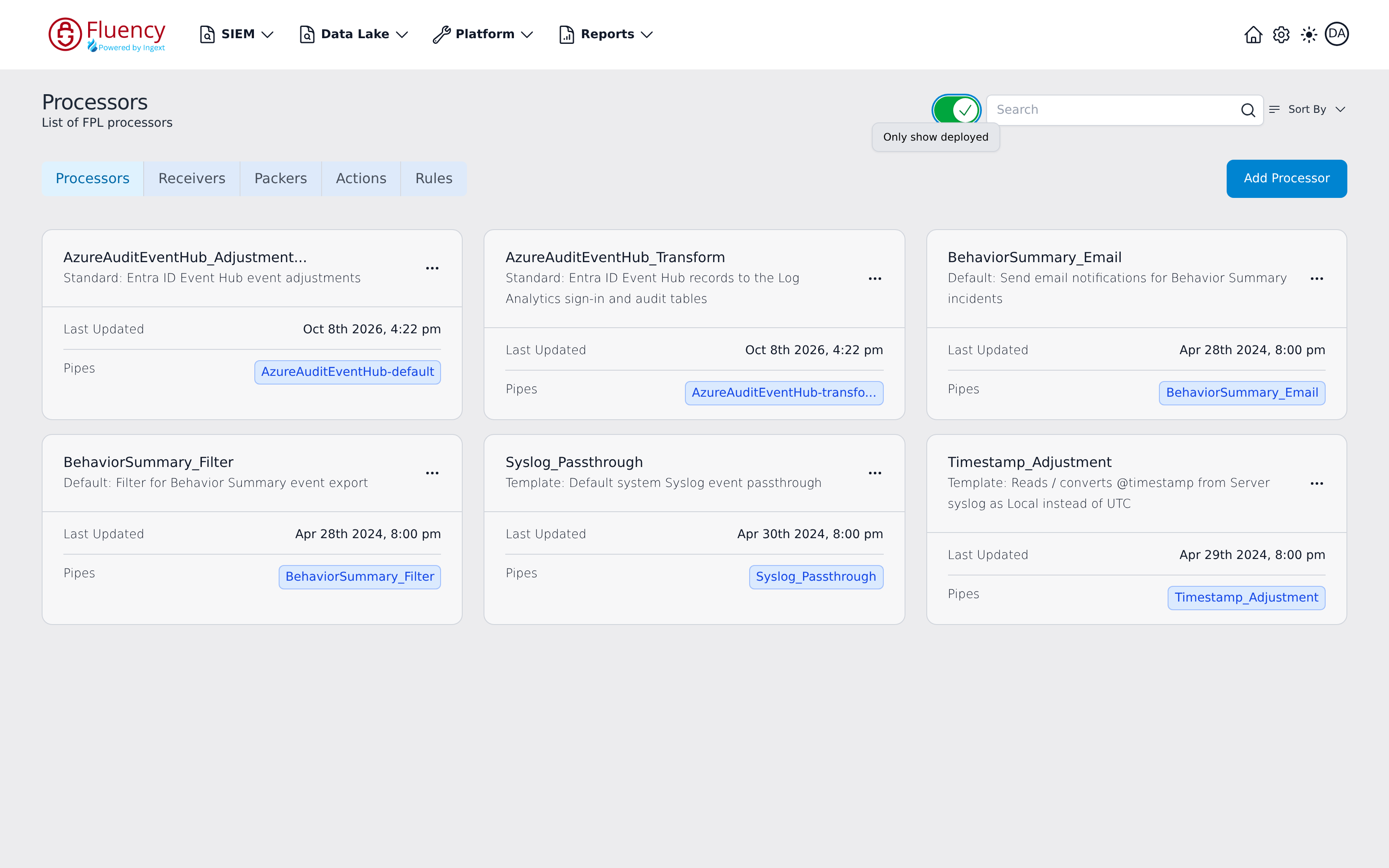 Processors page with the Only show deployed toggle on, listing only the six processors attached to pipes