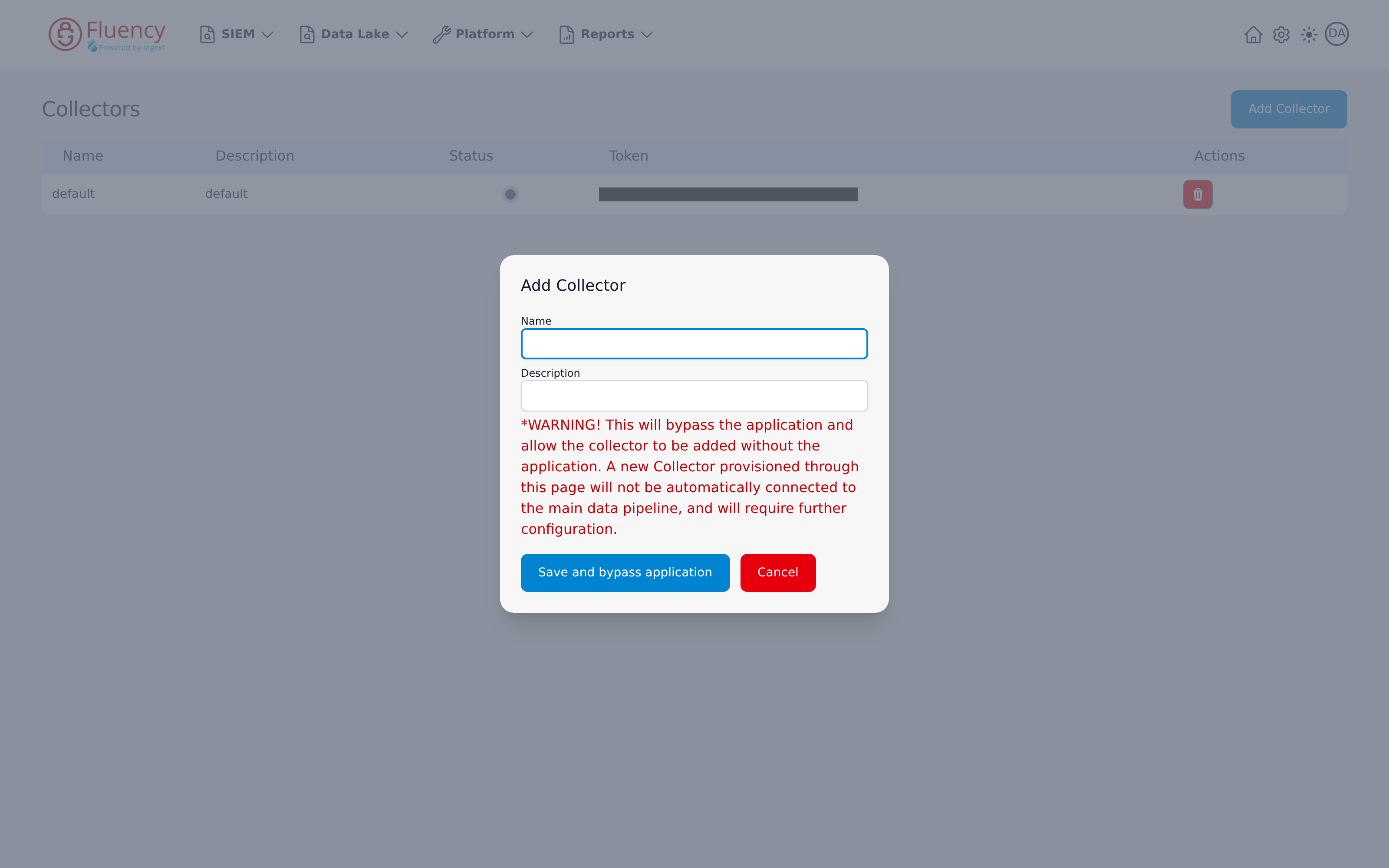 Add Collector dialog with Name and Description fields and bypass warning