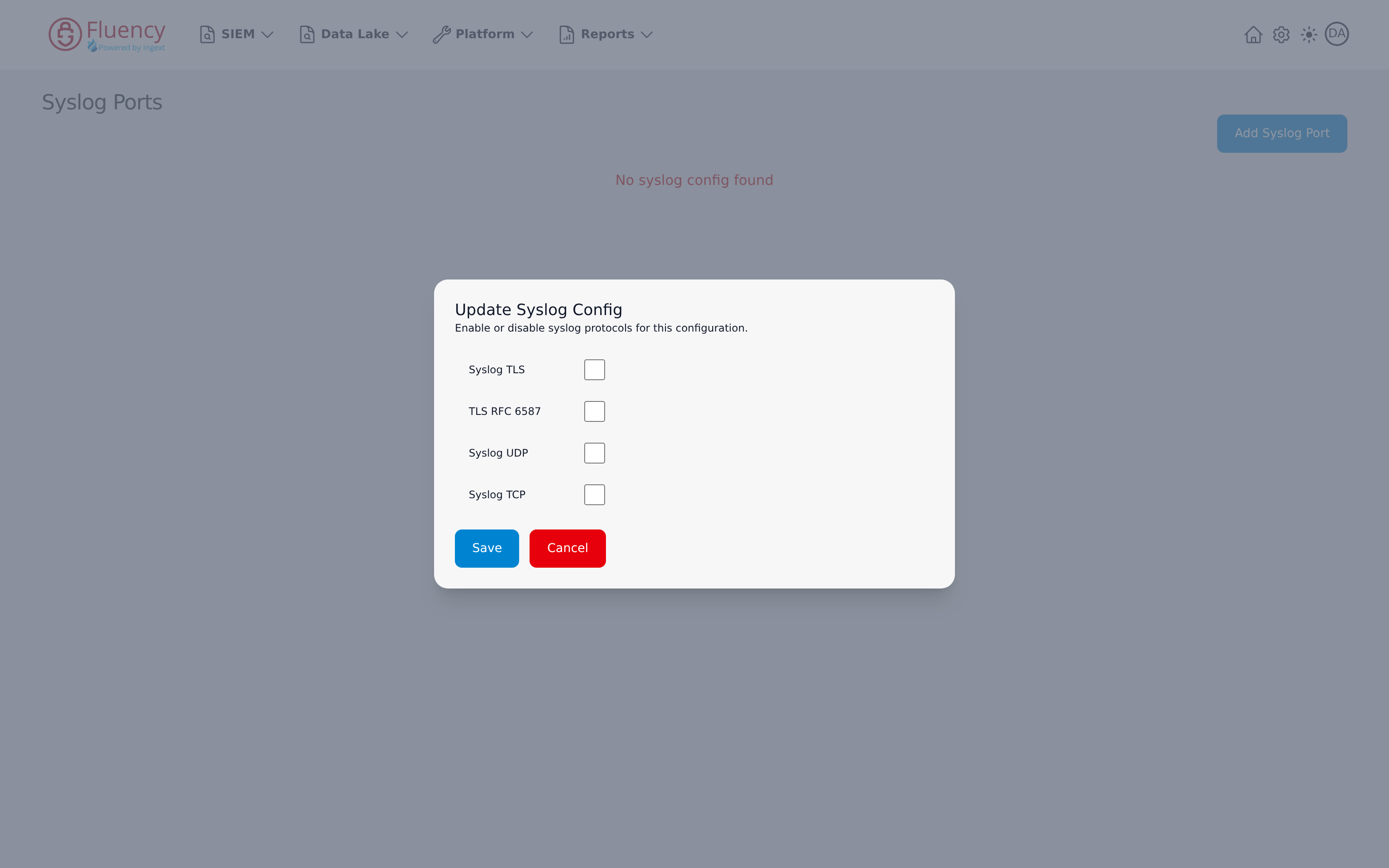 Update Syslog Config dialog opened from the Add Syslog Port button
