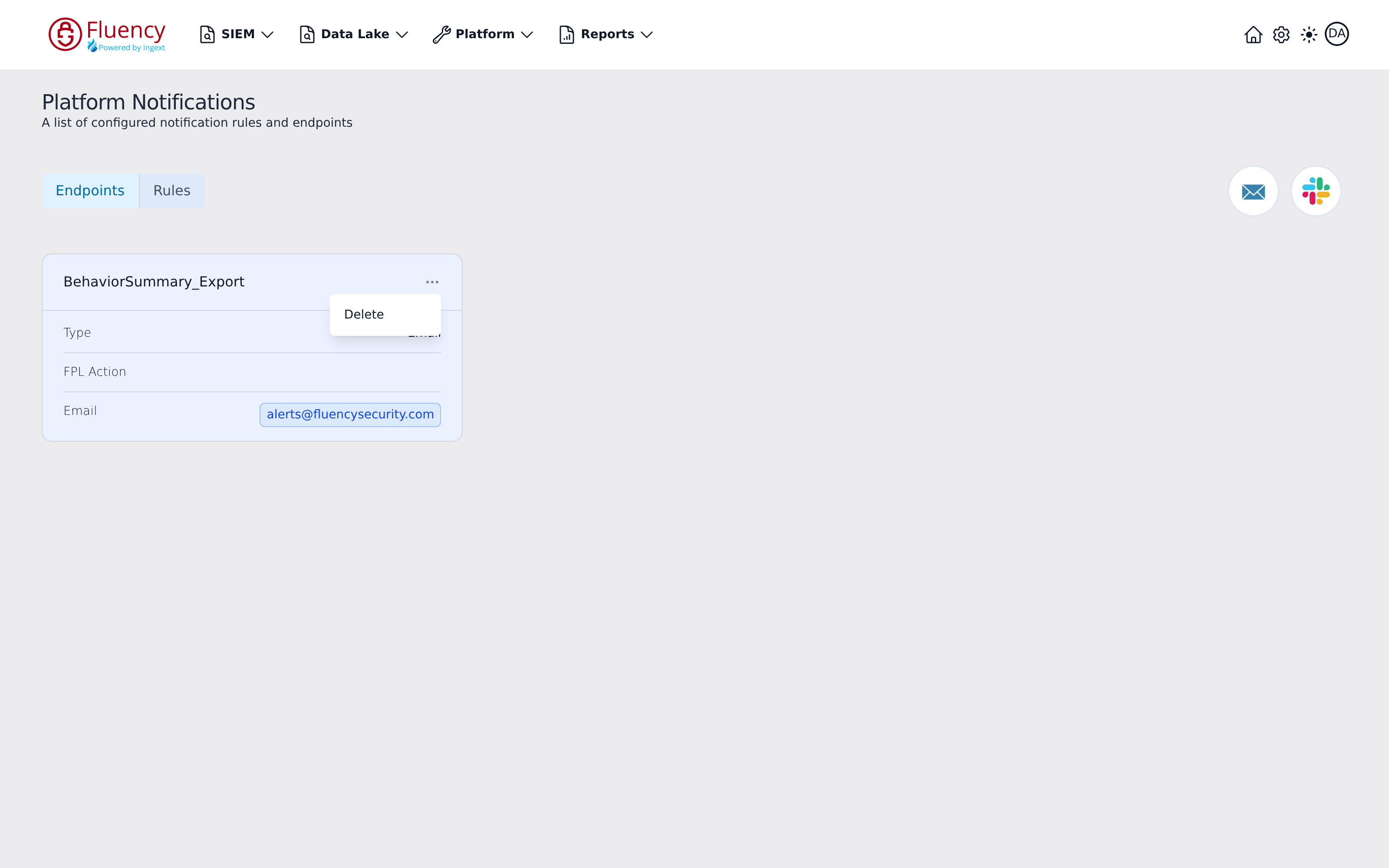 Endpoint card options menu showing the Delete option