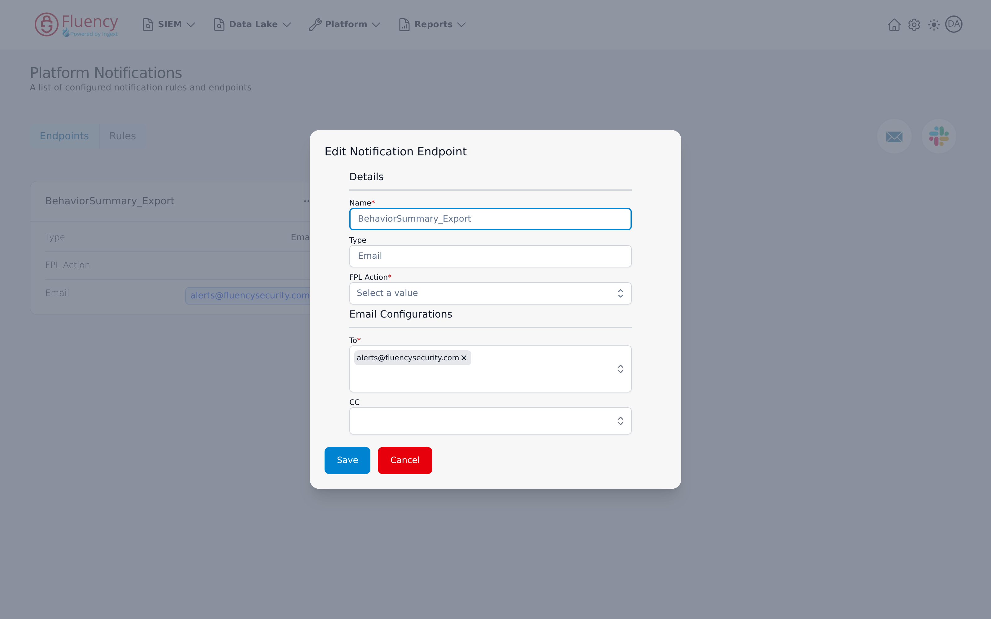 Edit Notification Endpoint dialog for an Email endpoint, with its name, type, and recipient filled in