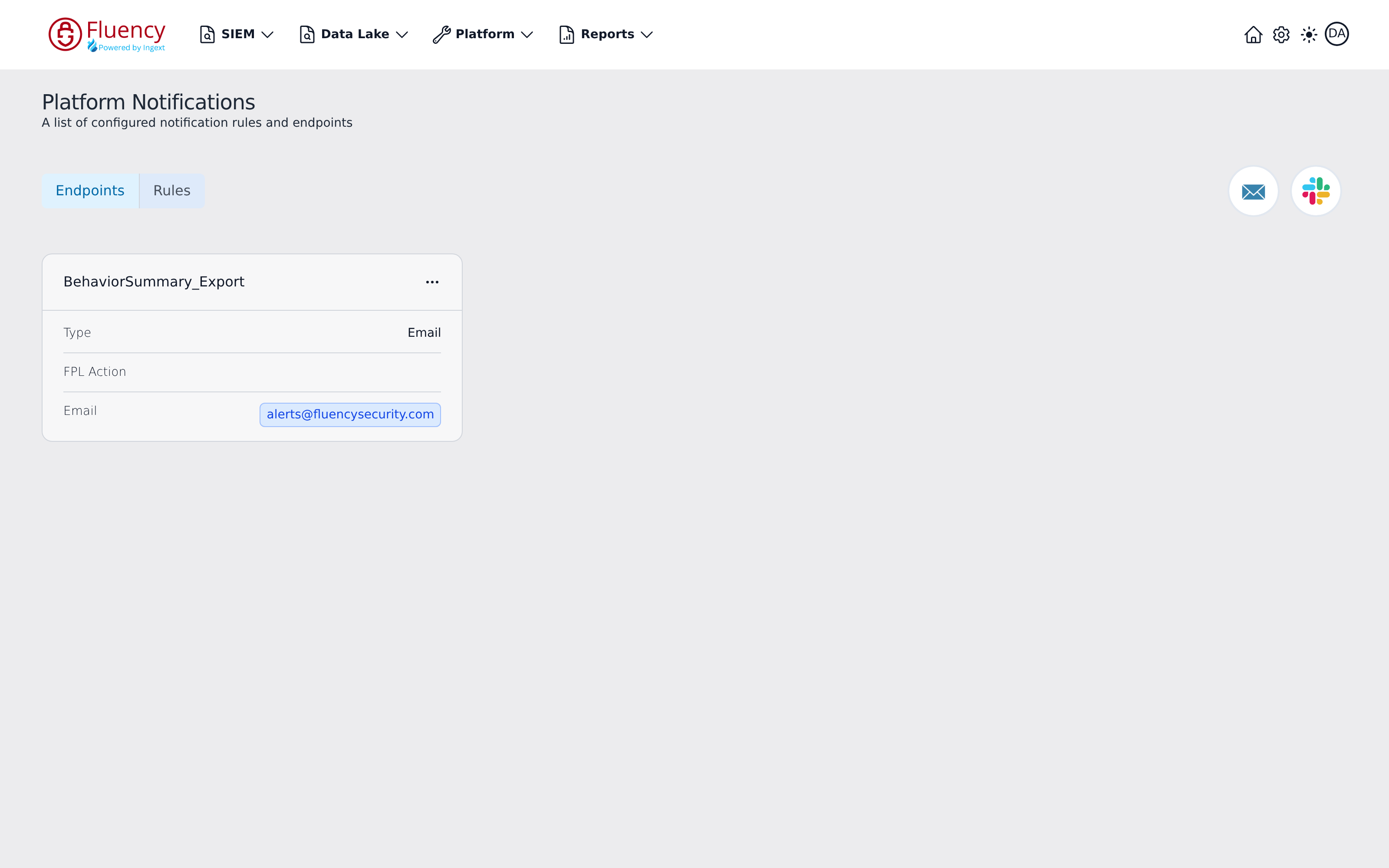 Platform Notifications page with Endpoints tab, add-endpoint icons, and an endpoint card