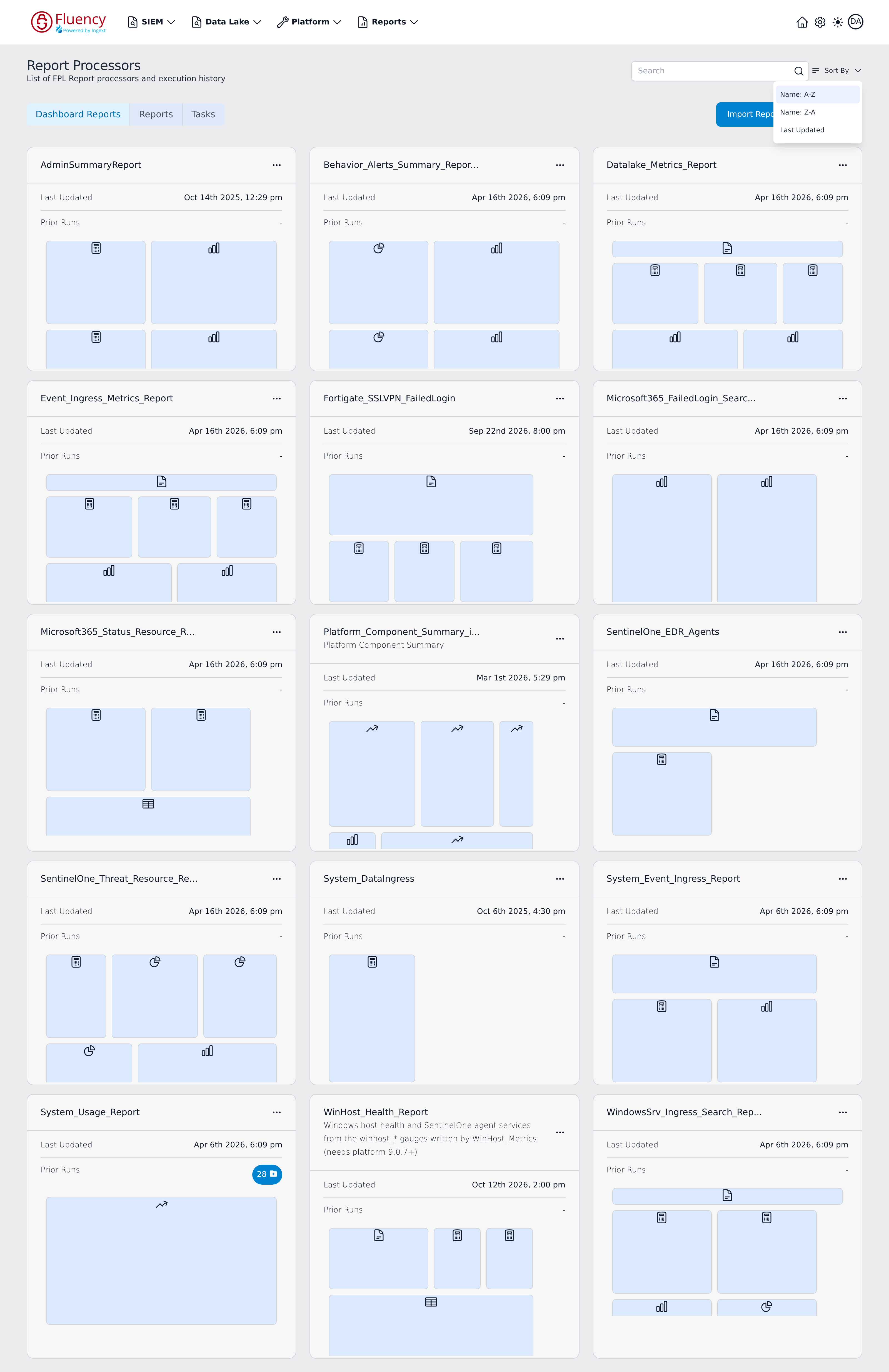 Sort By menu on the Report Processors page listing Name A-Z, Name Z-A, and Last Updated