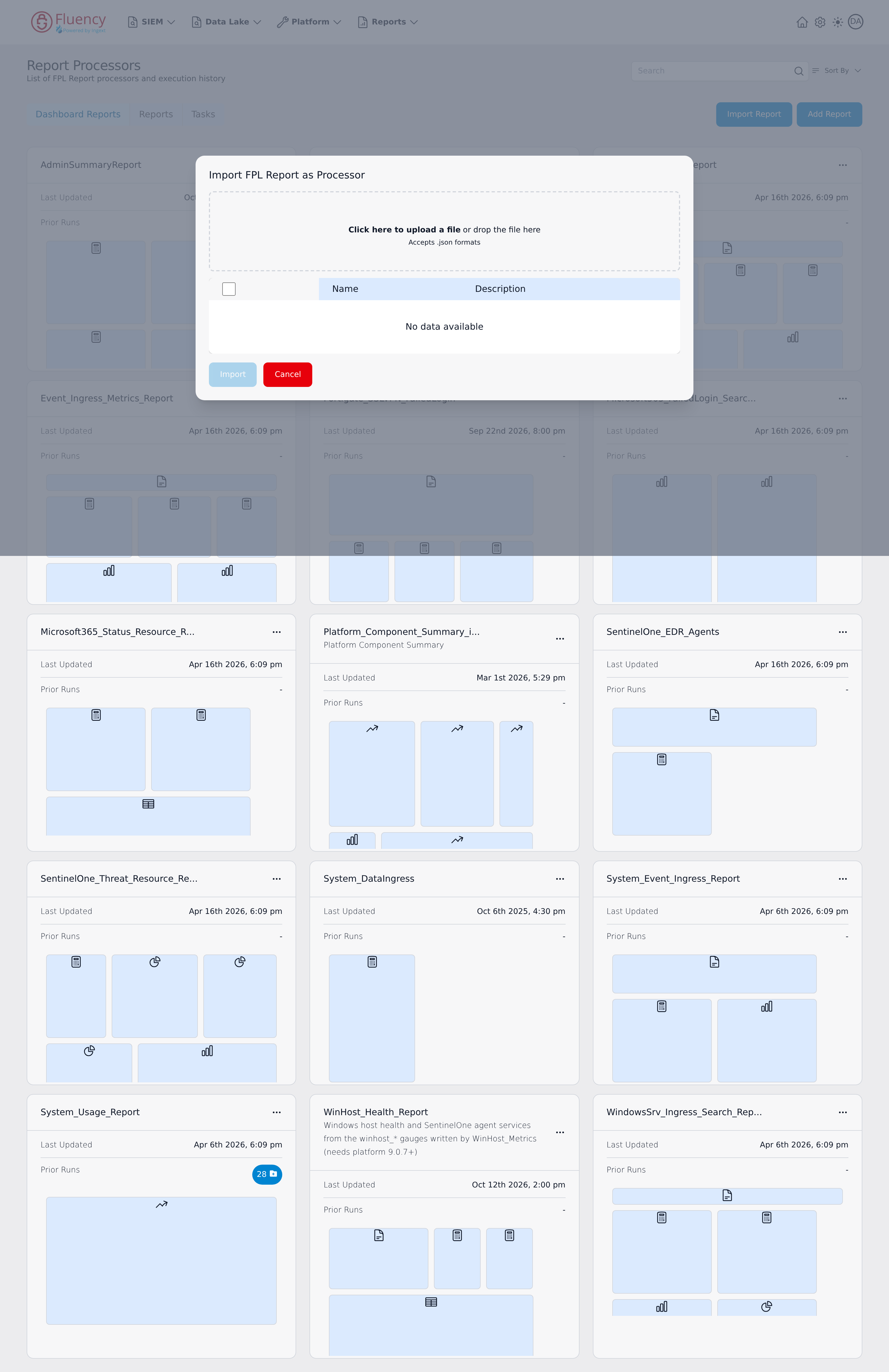Import FPL Report as Processor dialog with file upload area, empty selection table, and Import and Cancel buttons