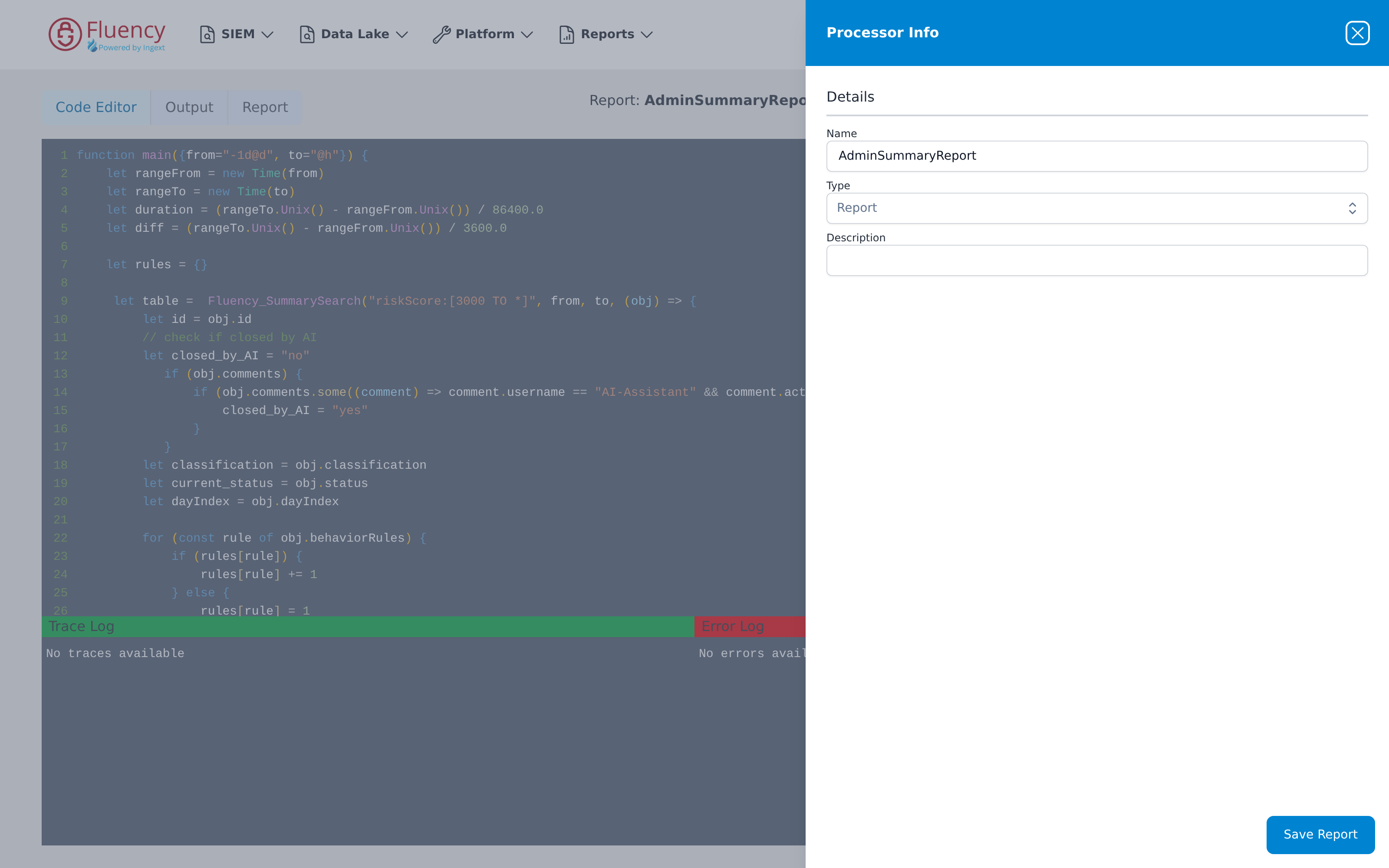 Report editor opened by Clone, showing the source processor's FPL code and the Processor Info panel with the name prefilled