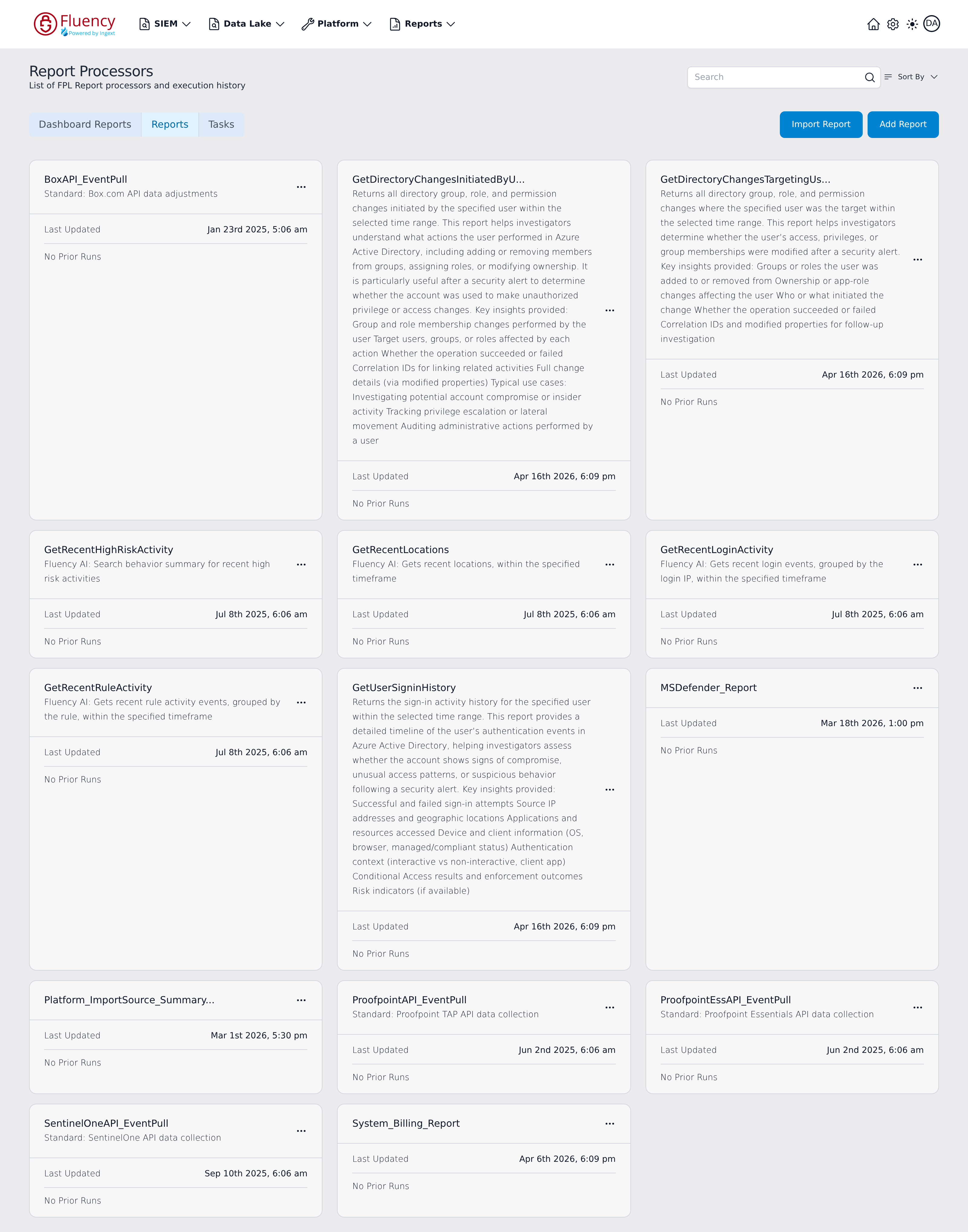 Reports tab of the Report Processors page, listing report processor cards with their descriptions and No Prior Runs
