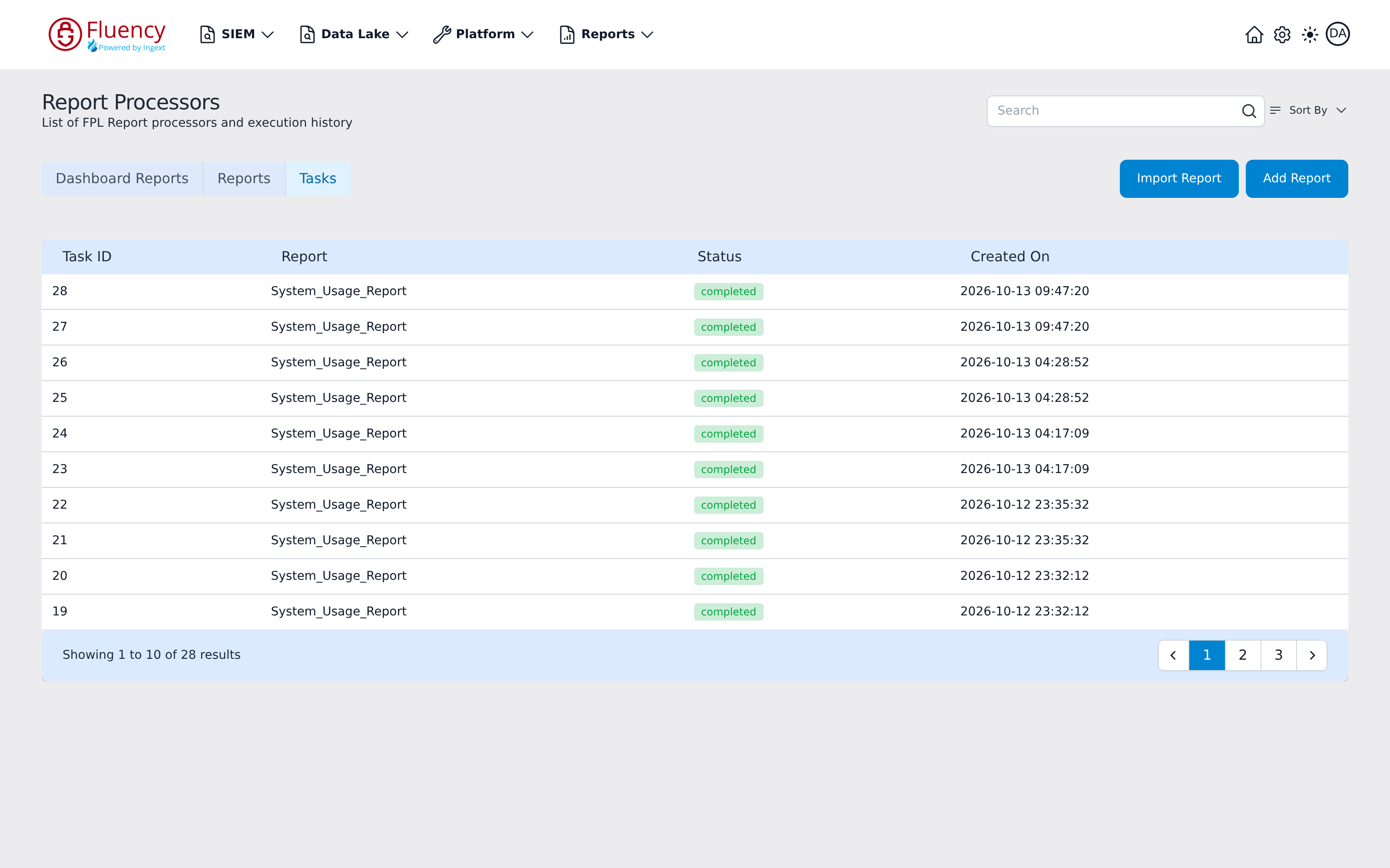 Tasks tab of the Report Processors page, a table of report task runs with Task ID, Report, Status, and Created On columns