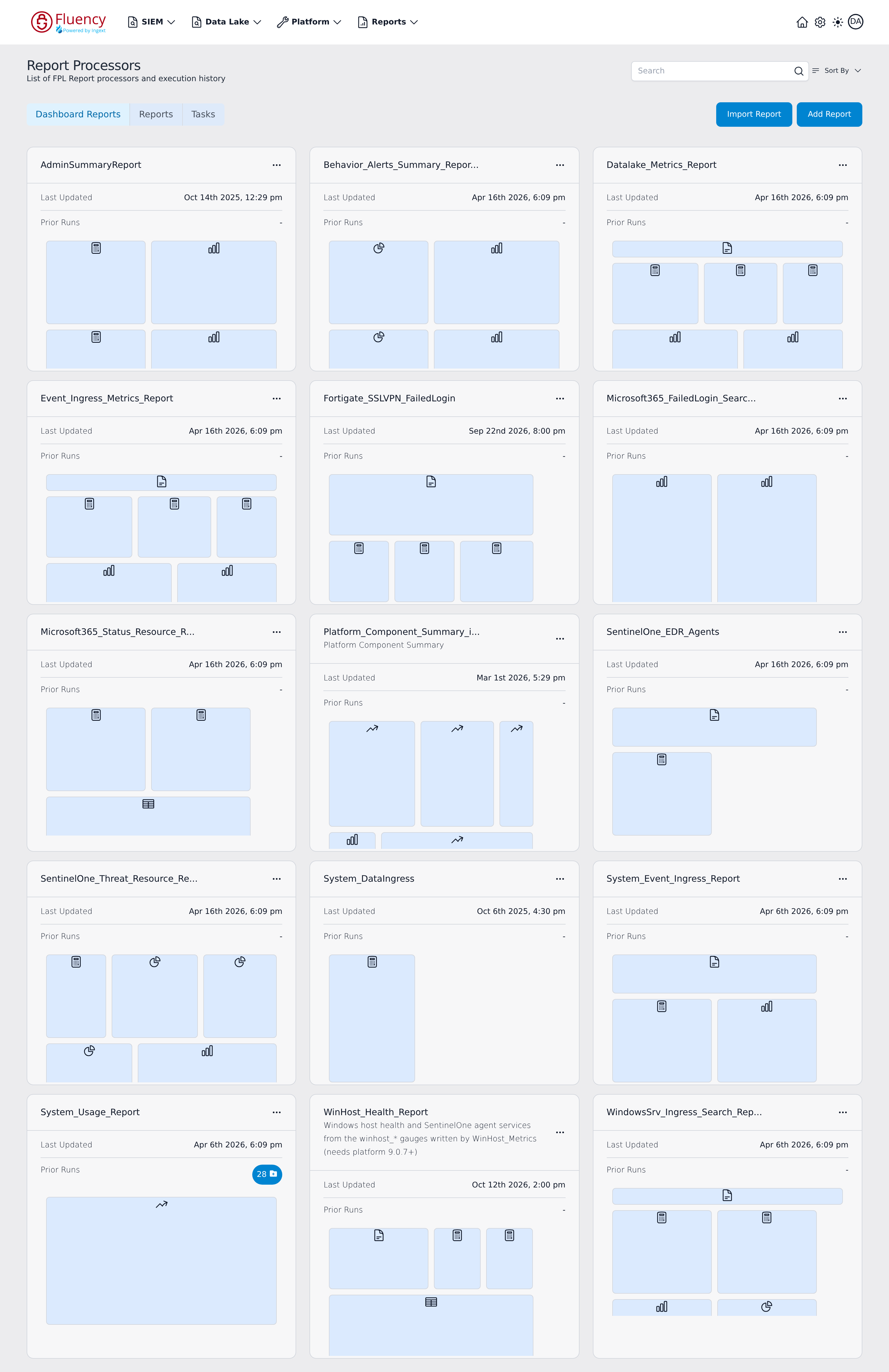 Report Processors page showing the Dashboard Reports tab with a grid of report processor cards