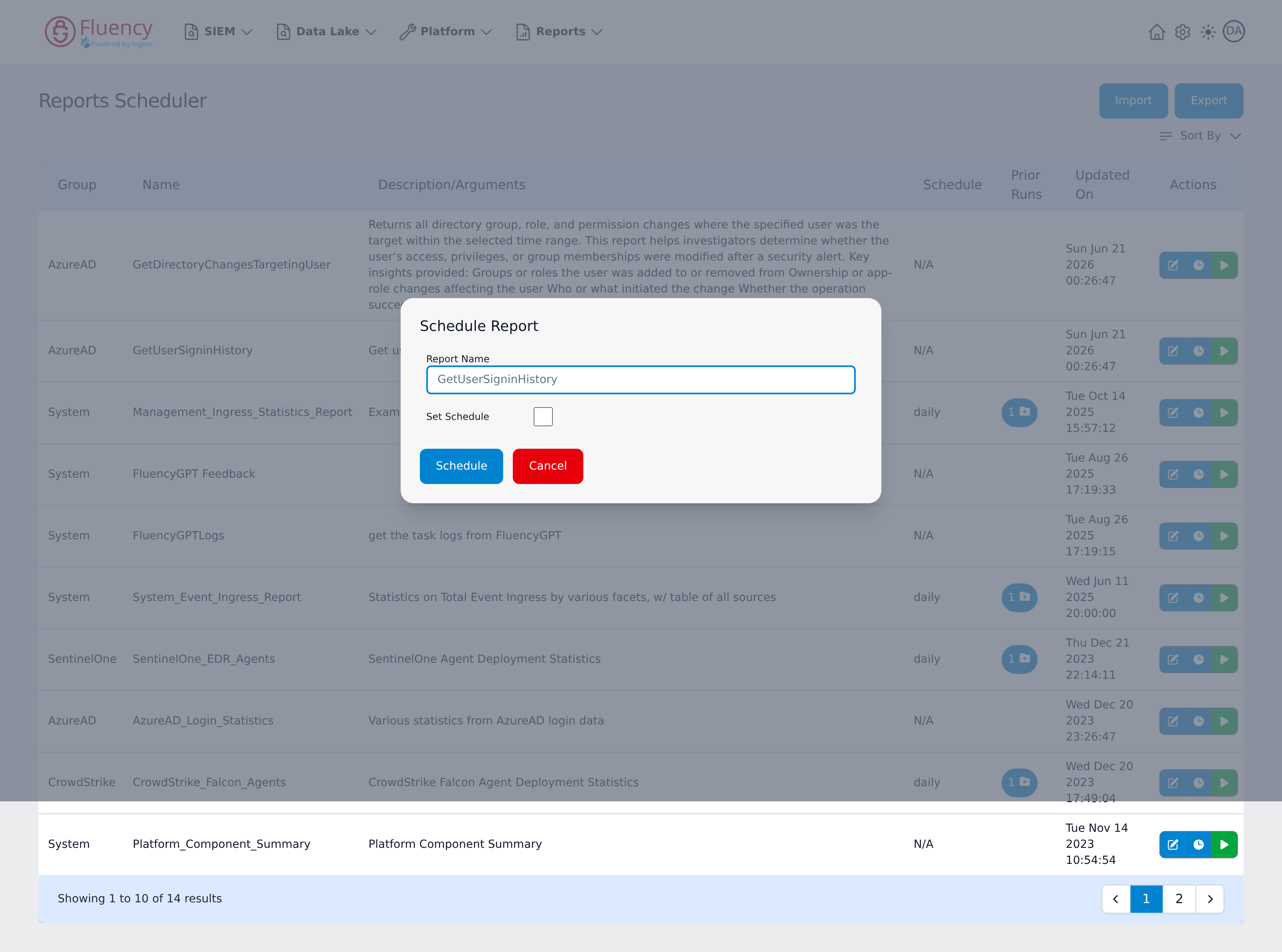 Schedule Report dialog with the report name and an unchecked Set Schedule checkbox