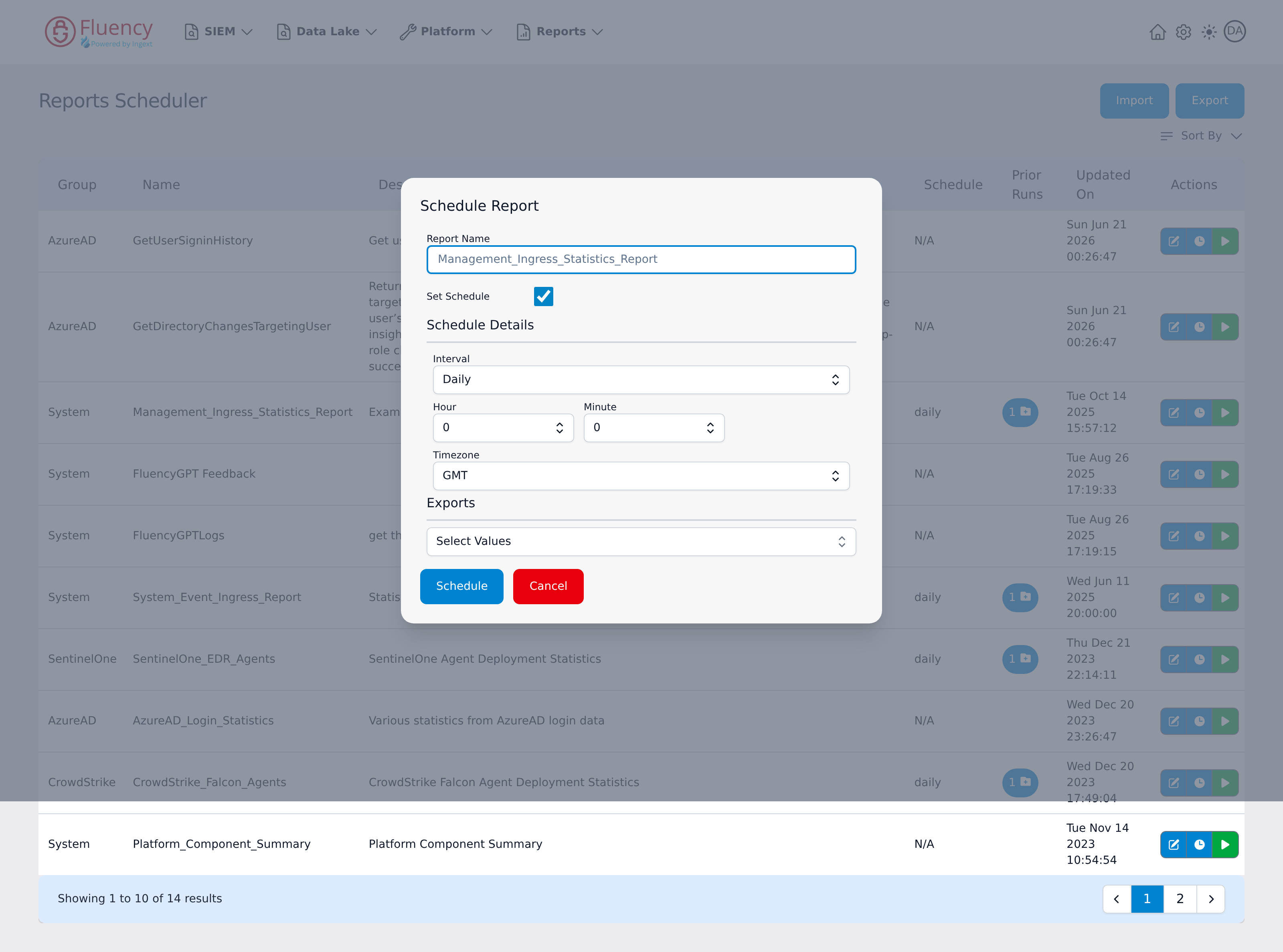 Schedule Report dialog with Set Schedule checked, showing Interval, Hour, Minute, and Timezone selectors and an Exports dropdown