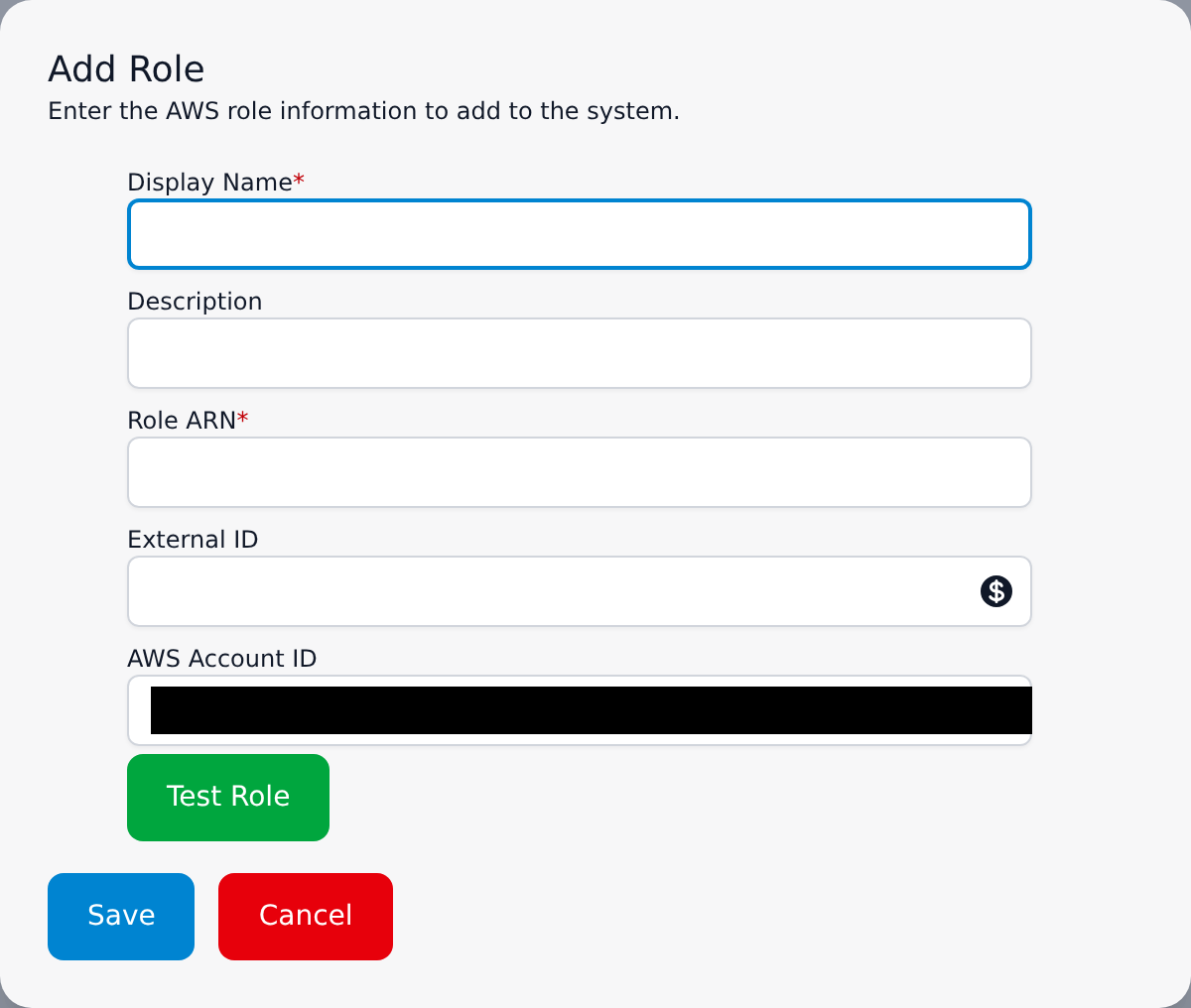 Add Role dialog with the Display Name, Description, Role ARN, External ID and read-only AWS Account ID fields and the Test Role button; the account number redacted