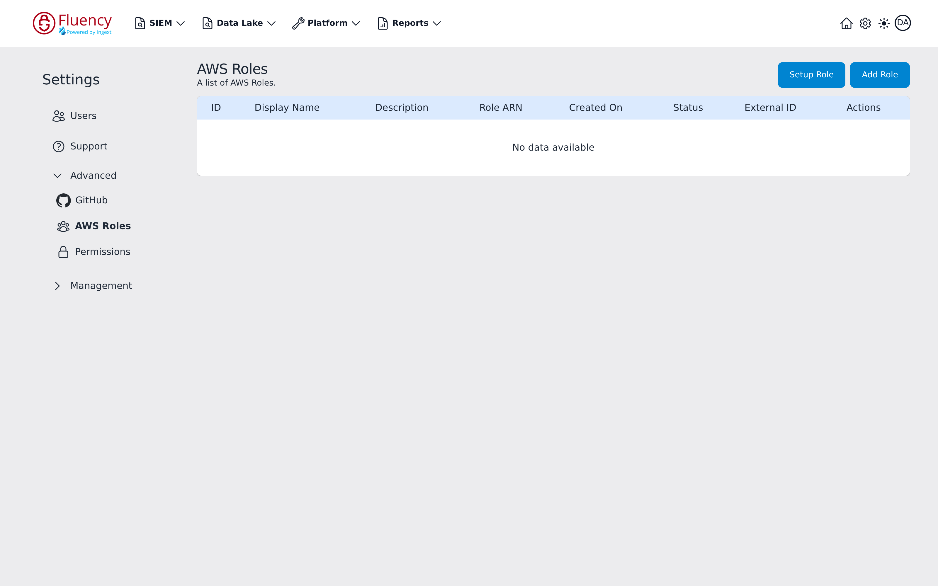 Settings AWS Roles area showing the empty role table with the Setup Role and Add Role buttons