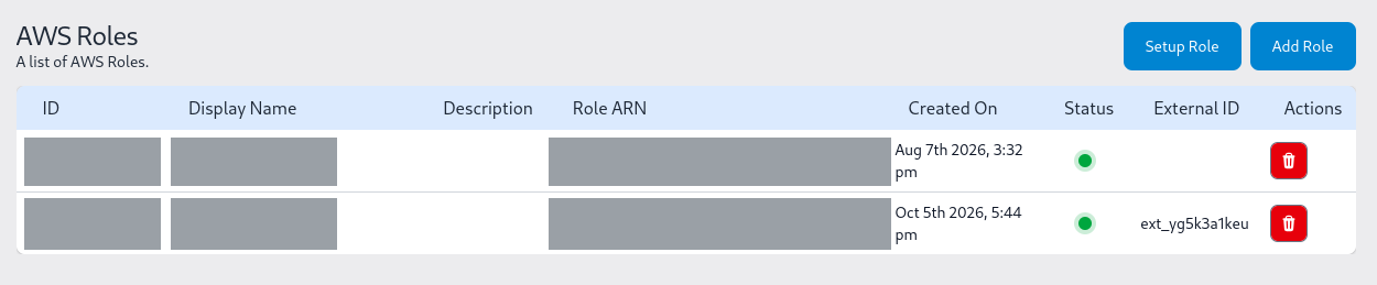 The same table after a reload, with both Status dots green; identifiers redacted