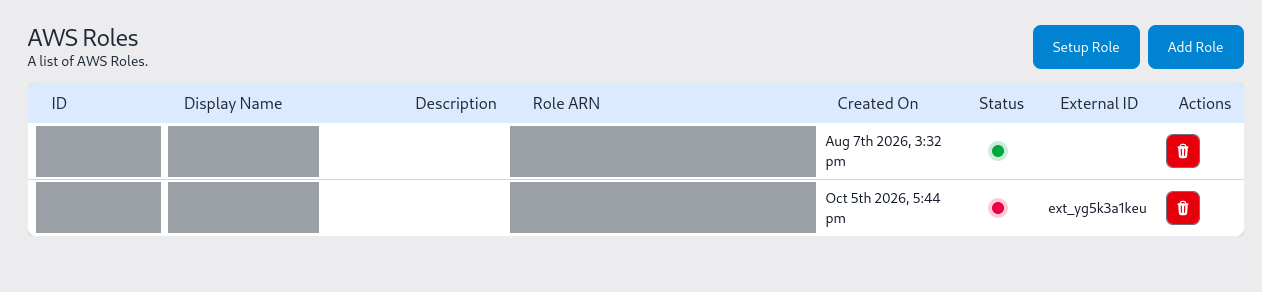 AWS Roles table right after saving, with the new role's Status dot red; identifiers redacted