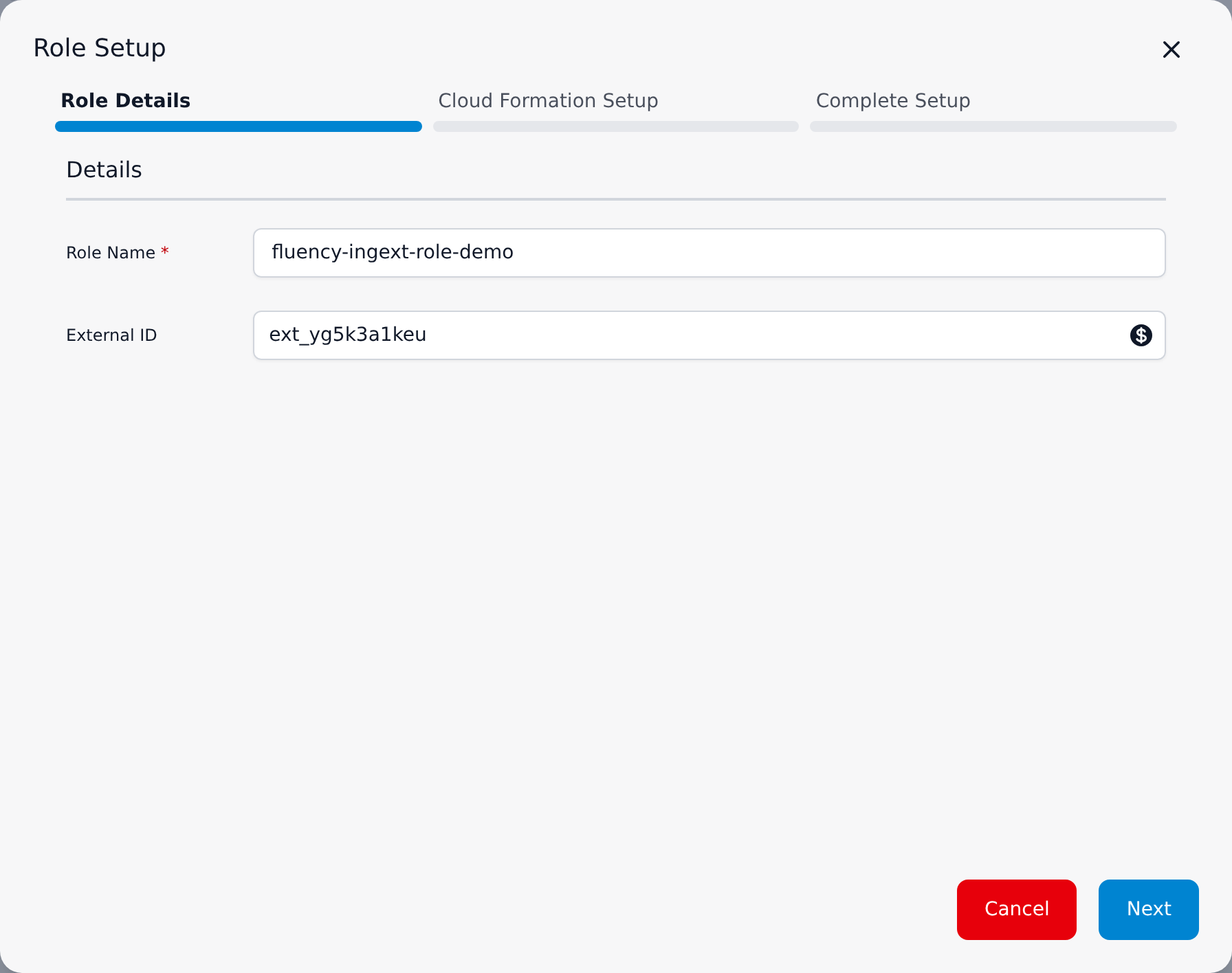 Role Setup dialog on the Role Details step, with a role name entered and a generated External ID