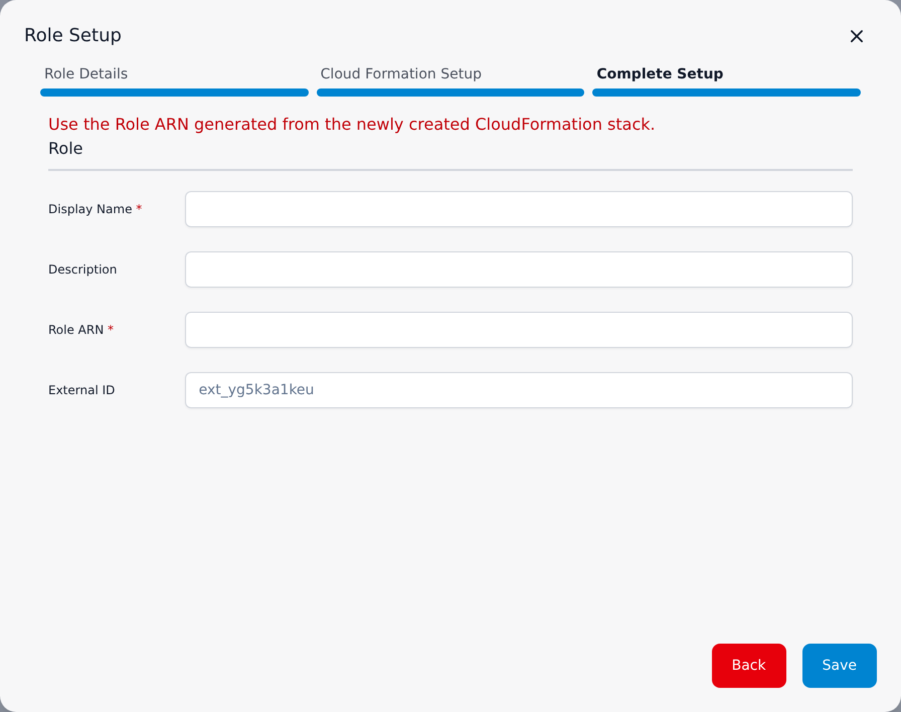 Complete Setup step, with Display Name, Description and Role ARN empty and the External ID carried over from Role Details