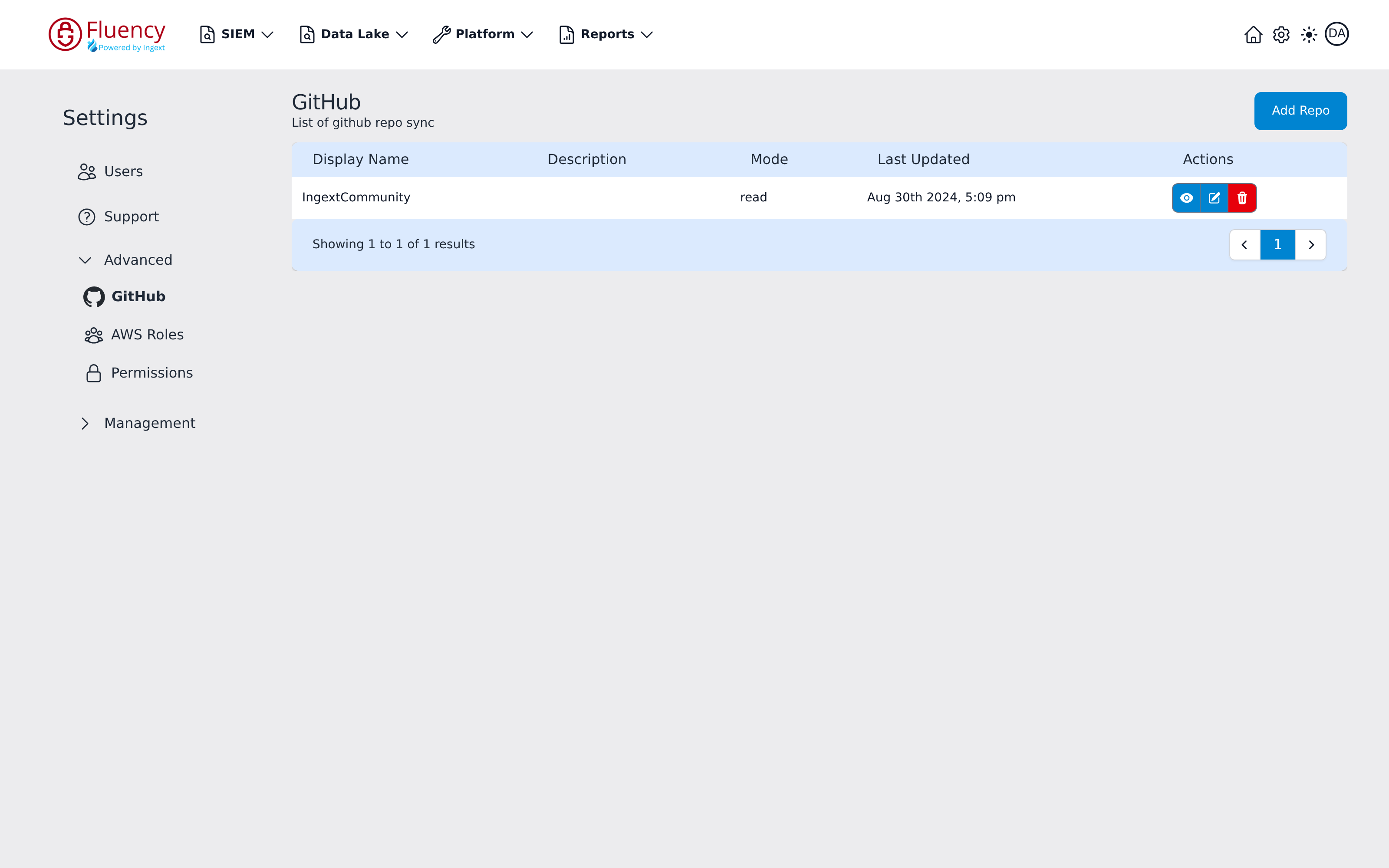 Settings GitHub area listing one configured repository with its mode, last-updated time, and row action buttons