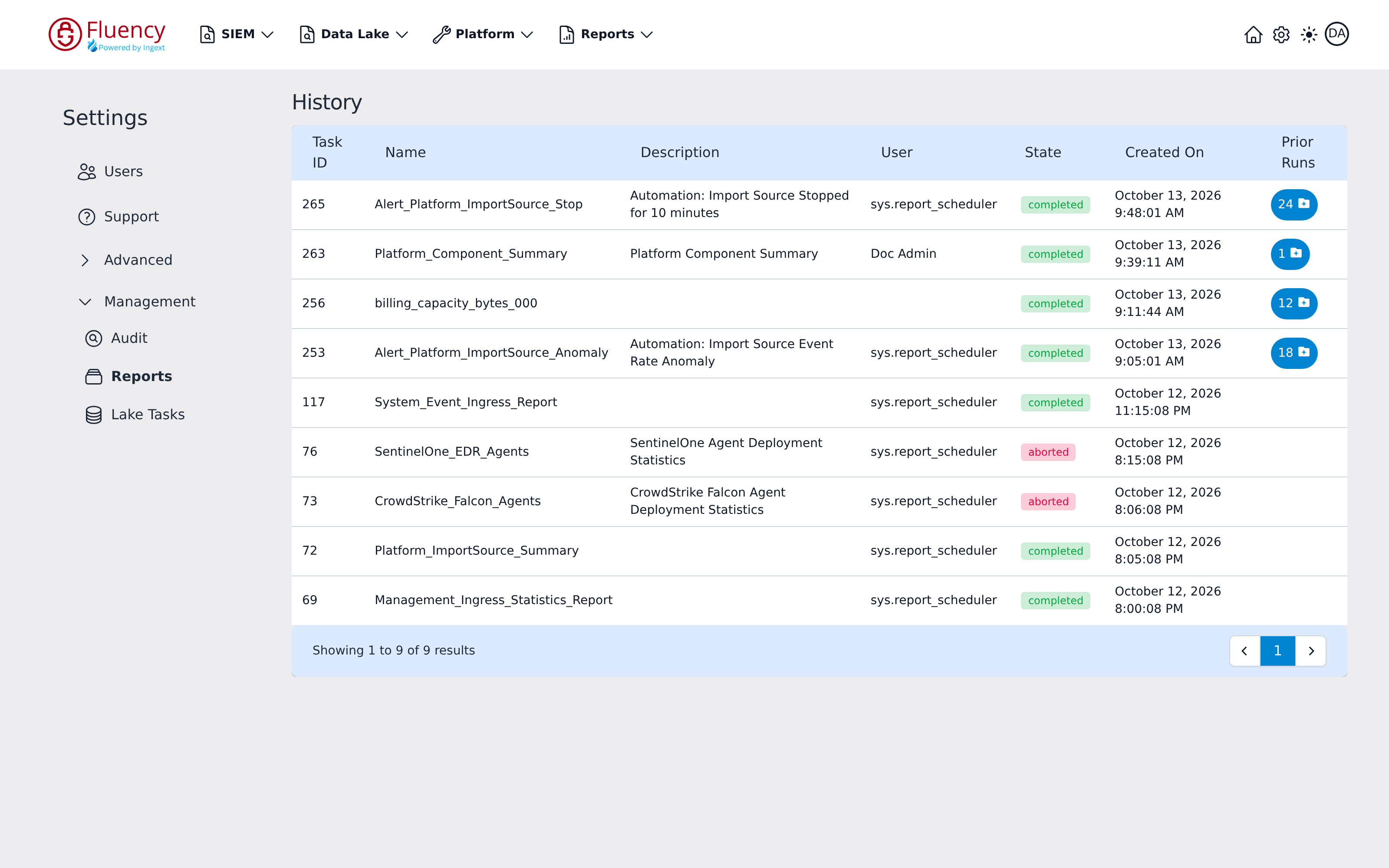 Settings Reports area showing the History table of report task runs with state chips and prior-run counts