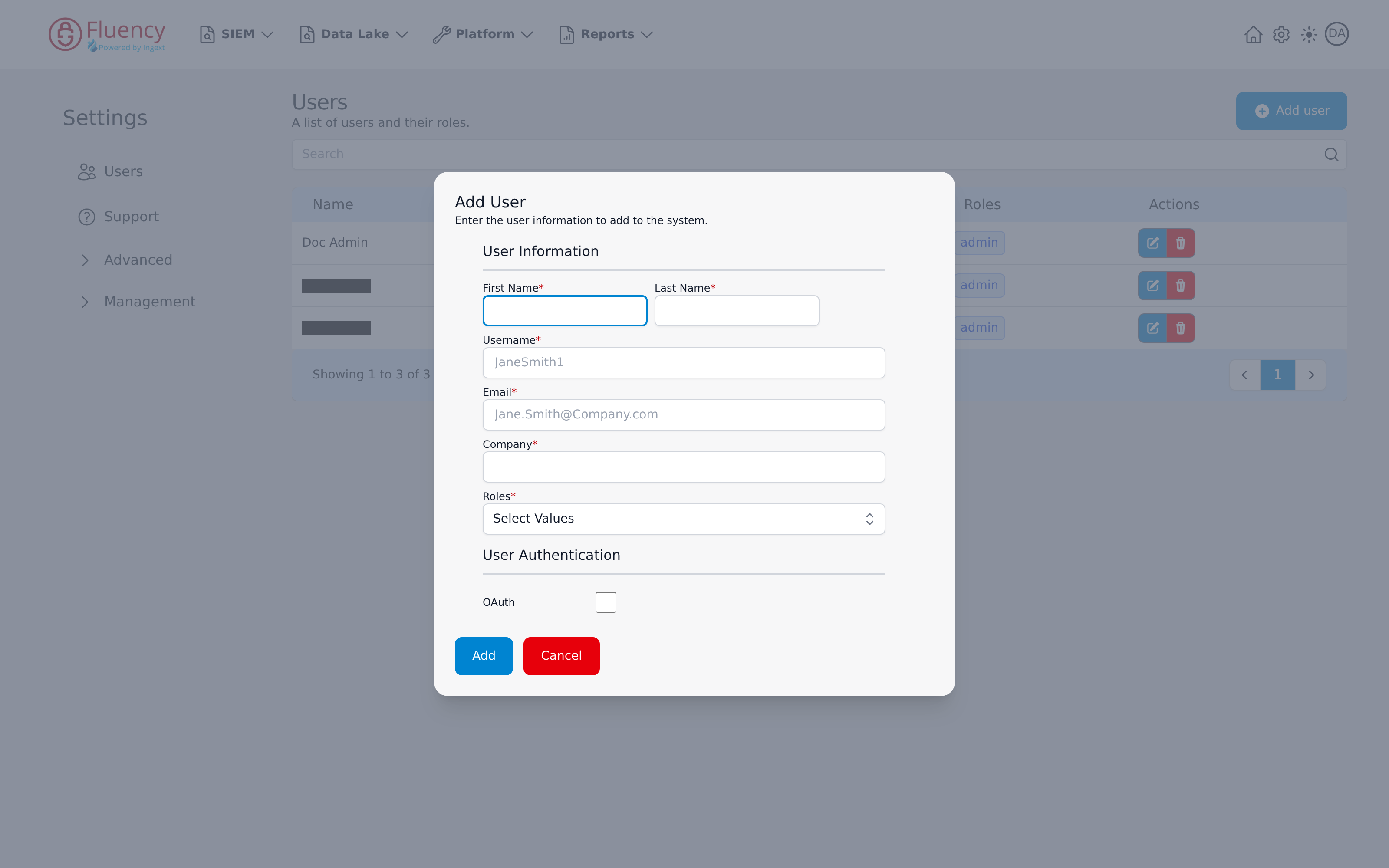 Add User dialog with User Information fields, a User Authentication OAuth checkbox, and Add and Cancel buttons