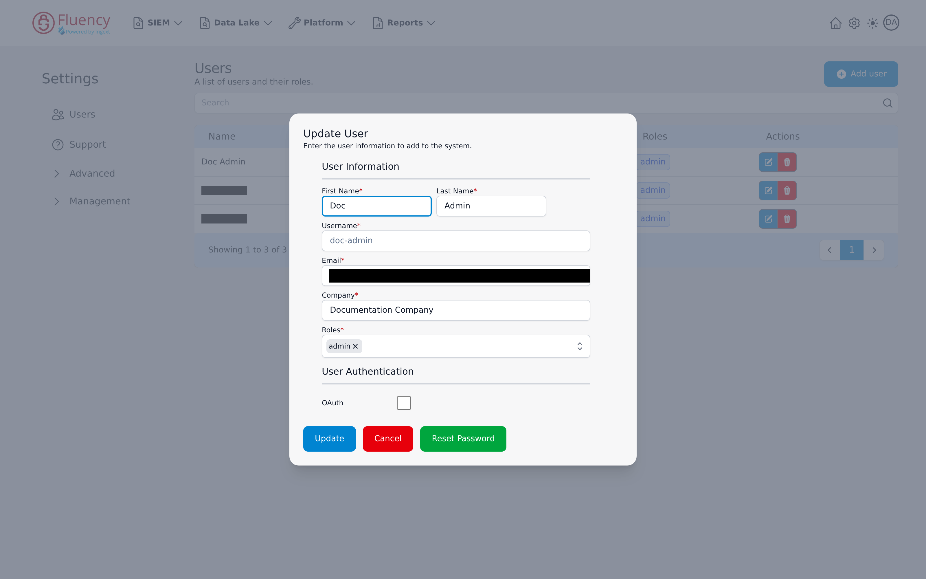 Update User dialog pre-filled with a user's details and Update, Cancel, and Reset Password buttons