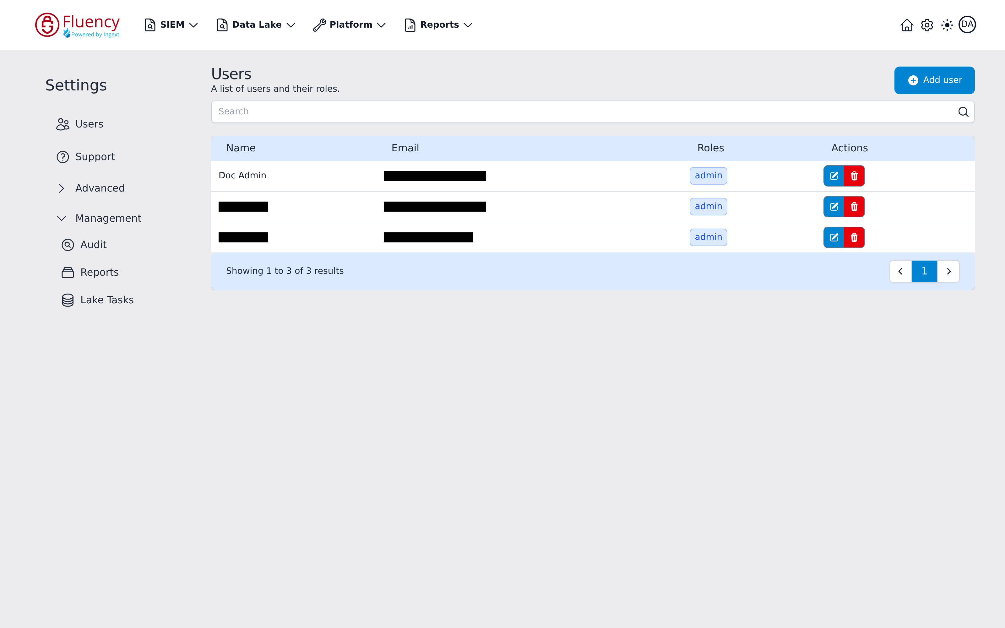 Settings sidebar with the Management group expanded to show Audit, Reports, and Lake Tasks