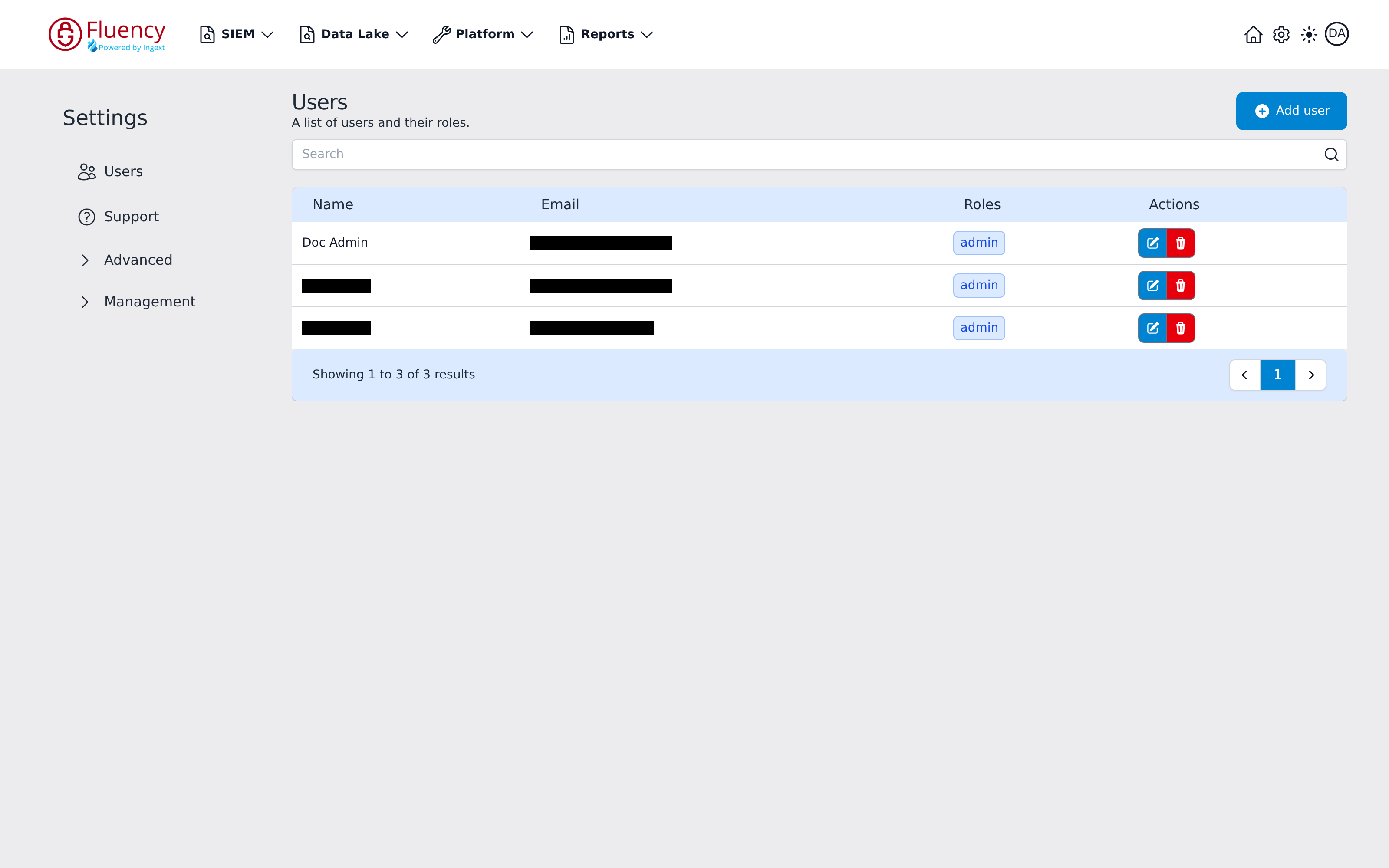 Settings page with the Settings sidebar menu on the left and the Users area on the right