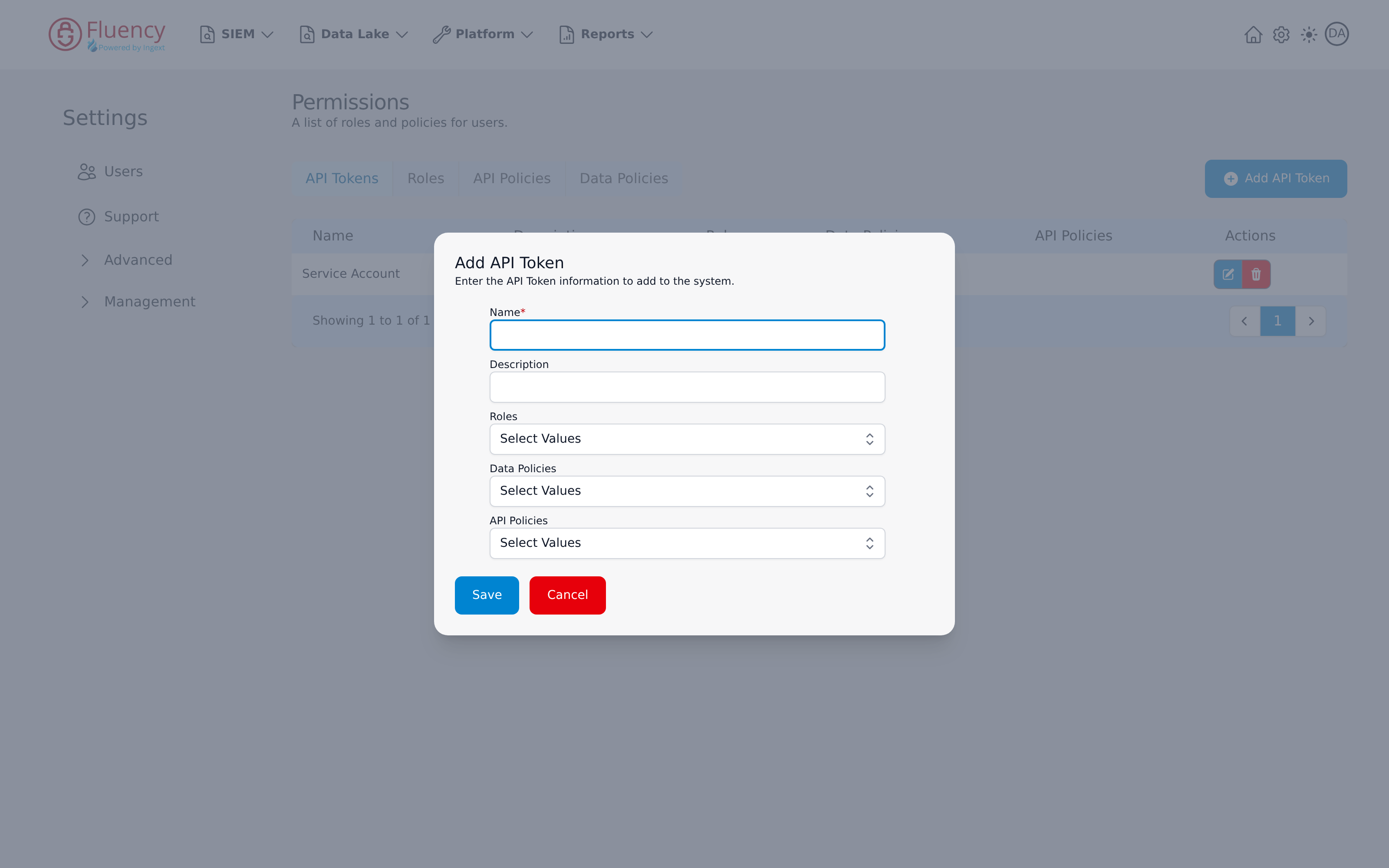 Add API Token dialog on Settings → Advanced → Permissions, with the Name, Description, Roles, Data Policies, and API Policies fields