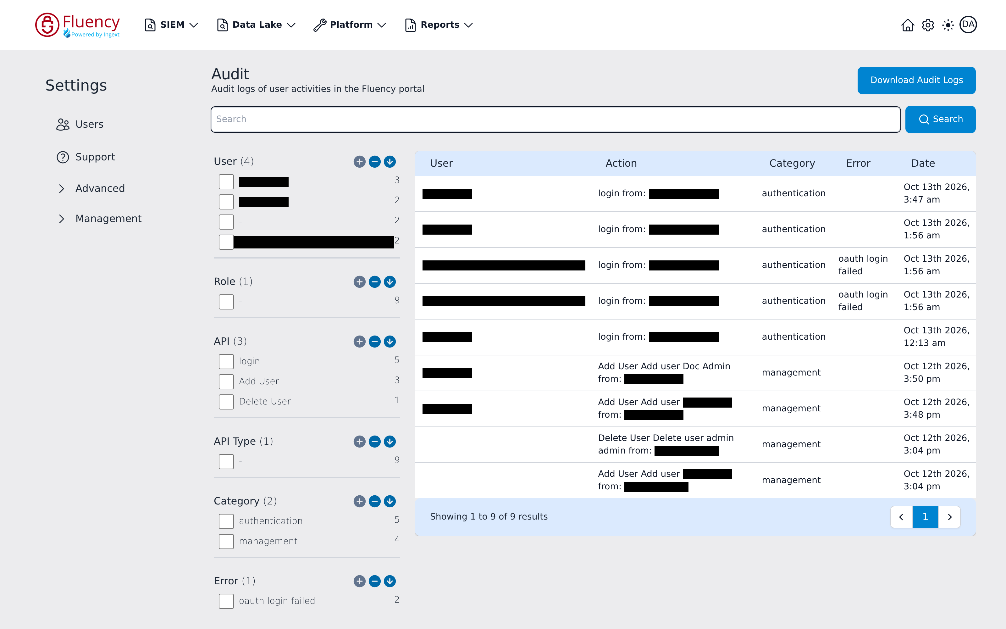 Audit page with a faceted filter panel on the left and the audit log table on the right